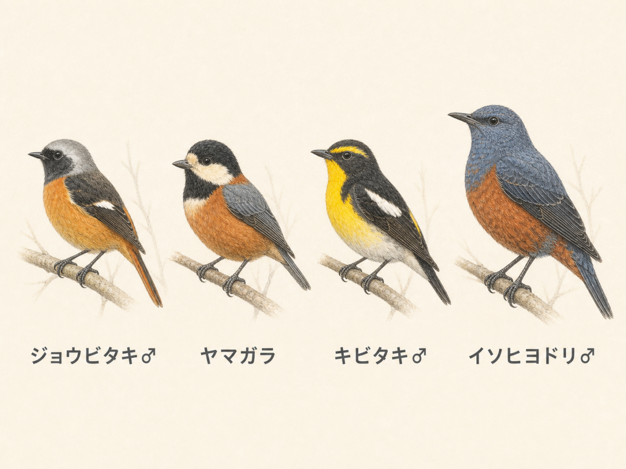 ジョウビタキのオス、ヤマガラ、キビタキのオス、イソヒヨドリのオスの比較イラスト