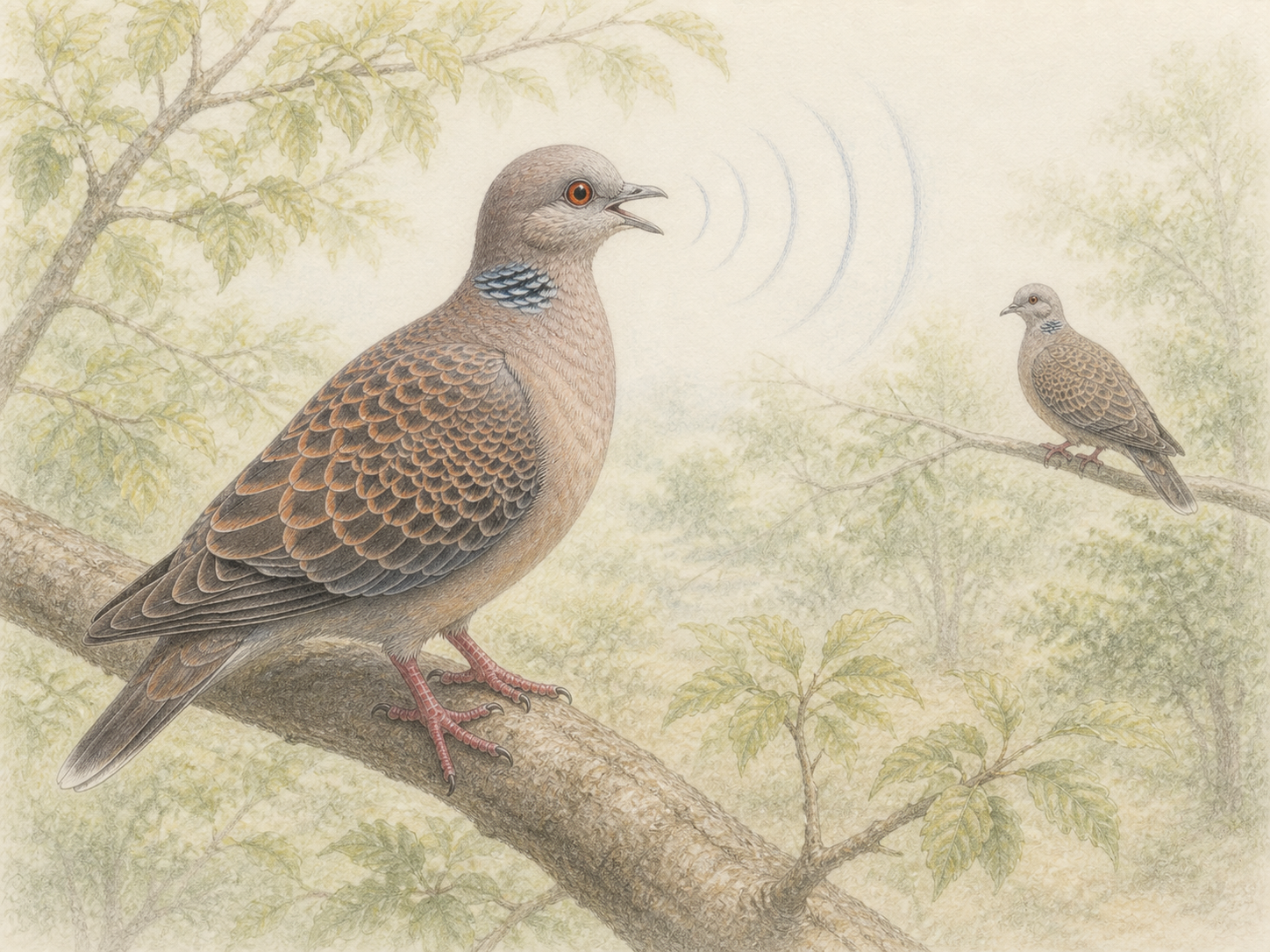 キジバトの鳴き声が求愛や縄張りの合図になる様子