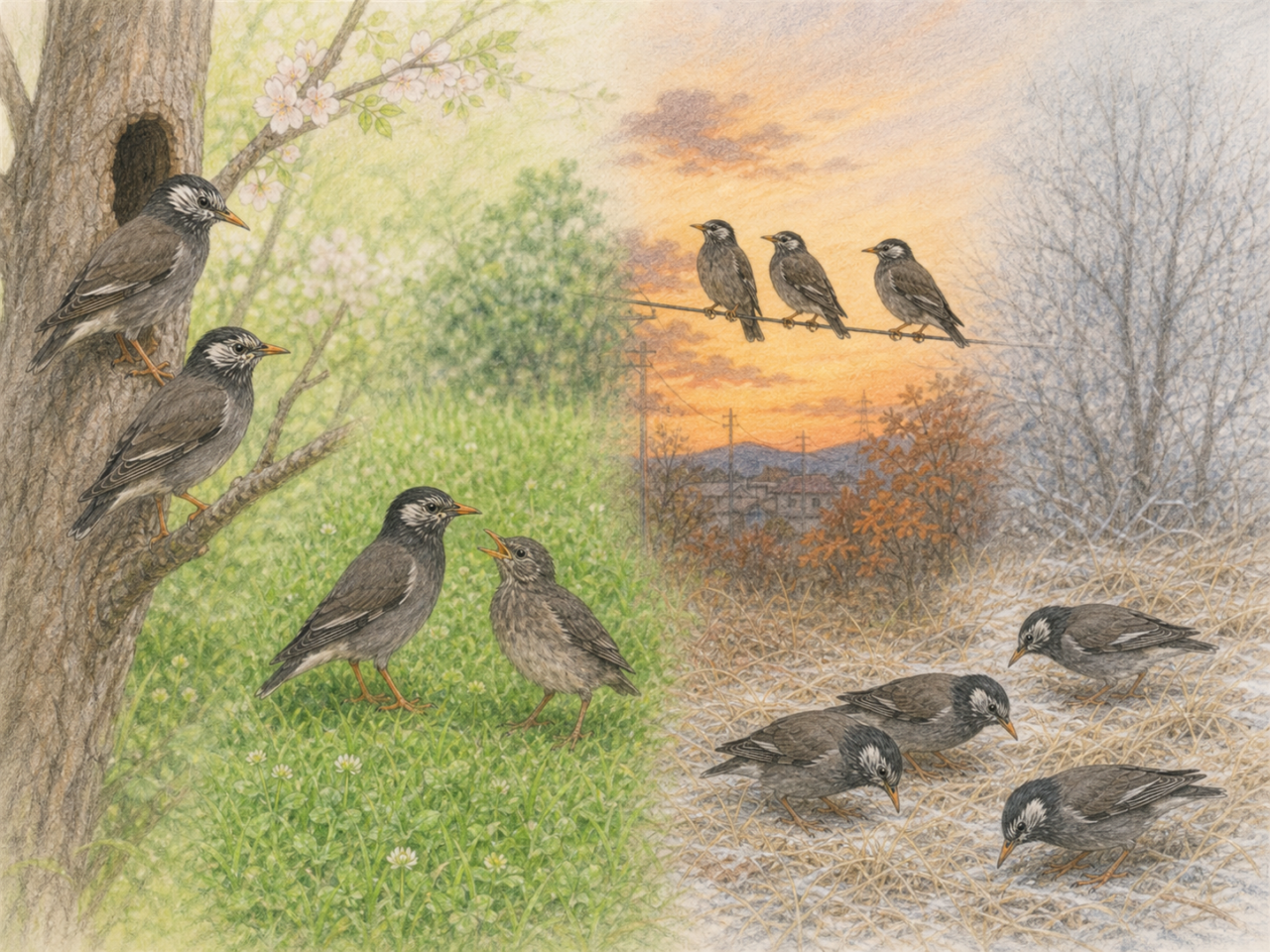 春夏秋冬で変わるムクドリの鳴き声と行動を描いた淡い色鉛筆画