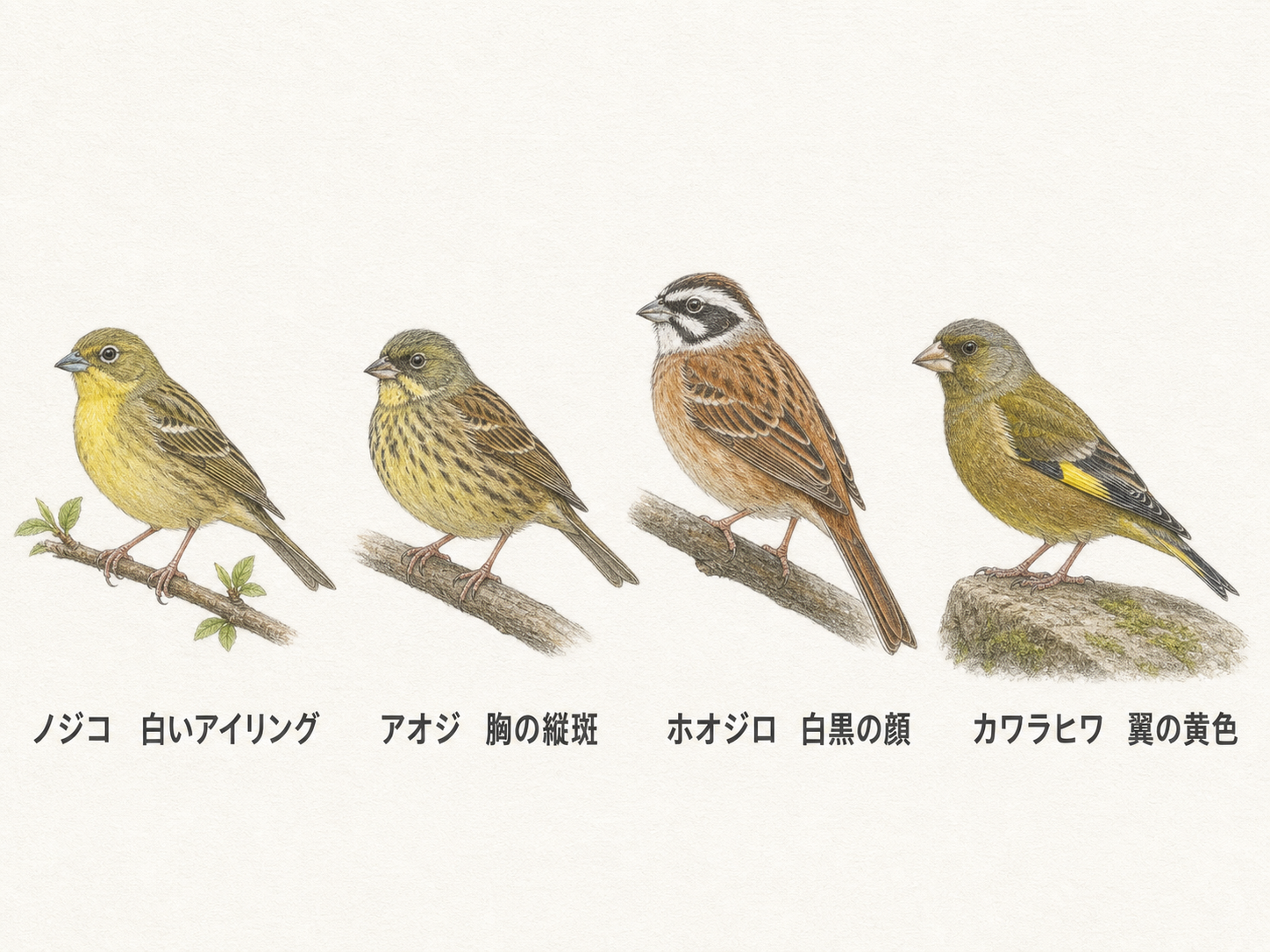 ノジコ、アオジ、ホオジロ、カワラヒワの顔と体色の違いを日本語ラベルで示す比較図
