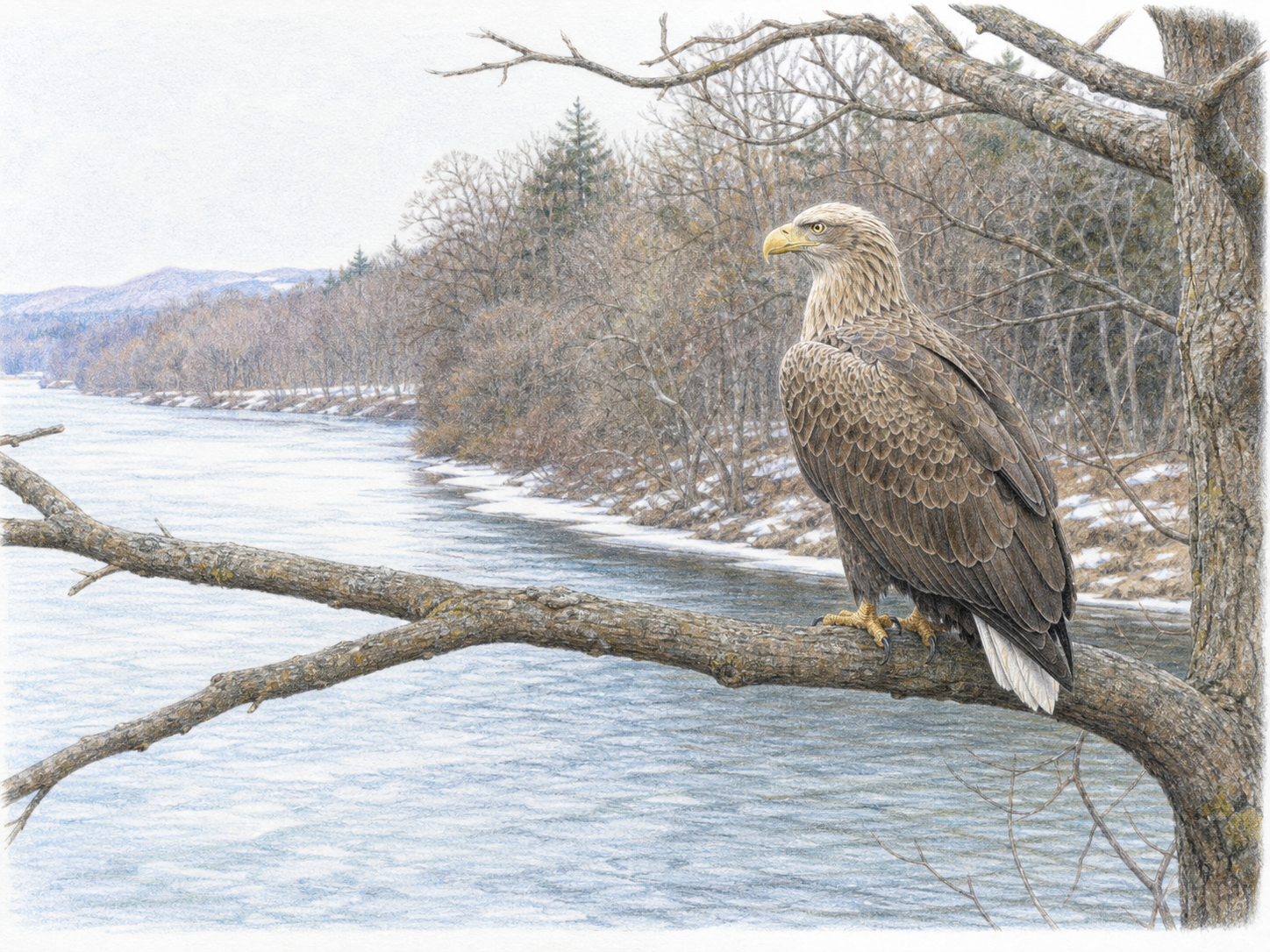 雪の残る北海道の河川沿いの高木にとまるオジロワシの淡い色鉛筆画