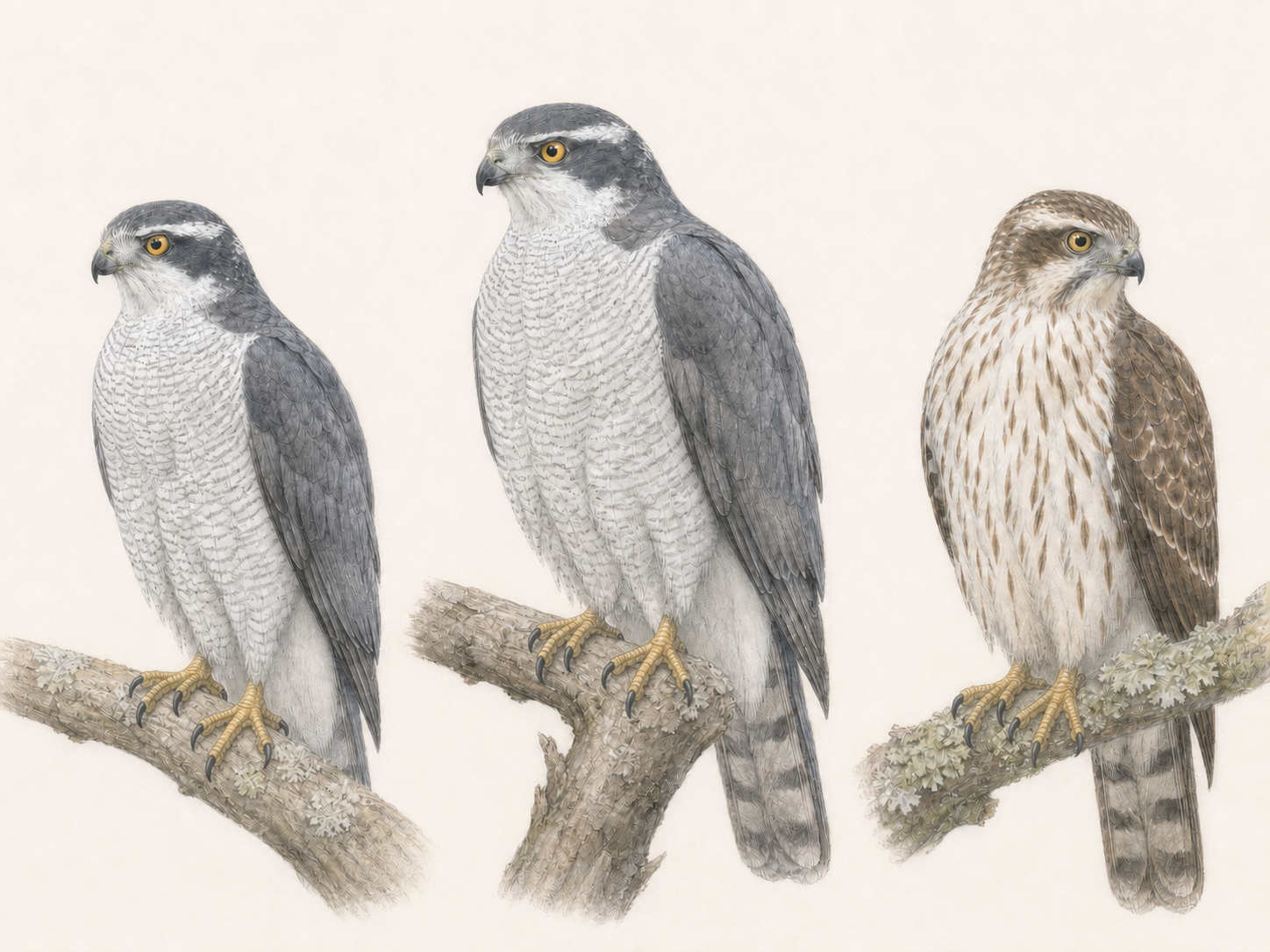 オオタカの成鳥オス・成鳥メス・幼鳥の違い|自然な足指で枝に止まる3羽の色鉛筆画