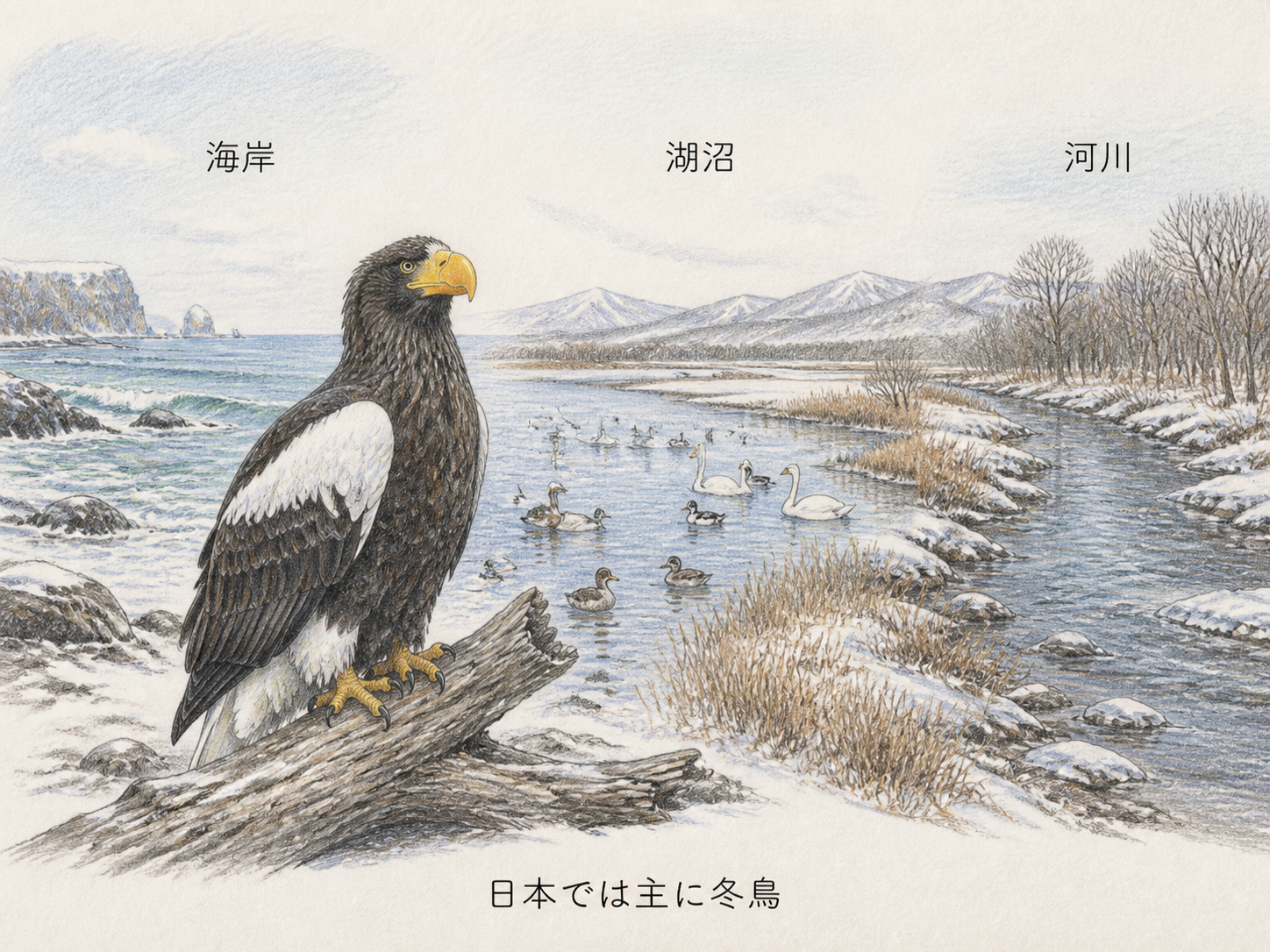 冬の海岸・湖・河川の3環境で枝にとまるオオワシと冬鳥の季節を日本語で示す淡い色鉛筆画