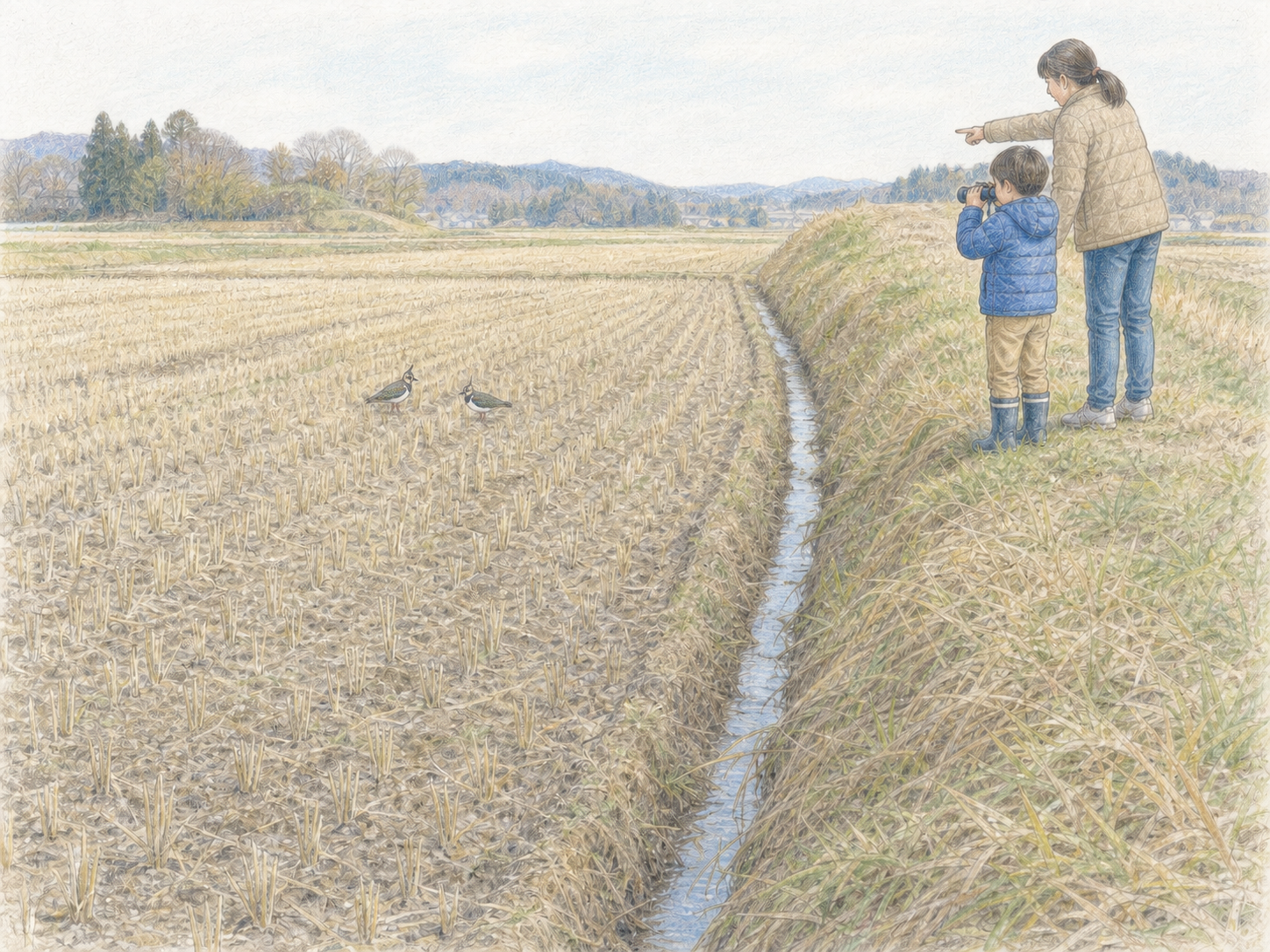 土手の親子が双眼鏡と指差しを向けた先の田んぼにいる2羽のタゲリを描いた淡い色鉛筆画