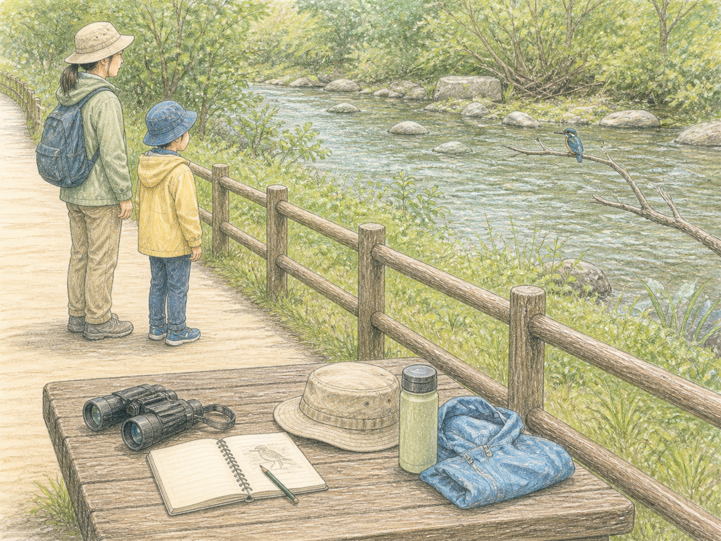 柵のある川沿いに双眼鏡、観察ノート、帽子、水筒、雨具を用意した色鉛筆画