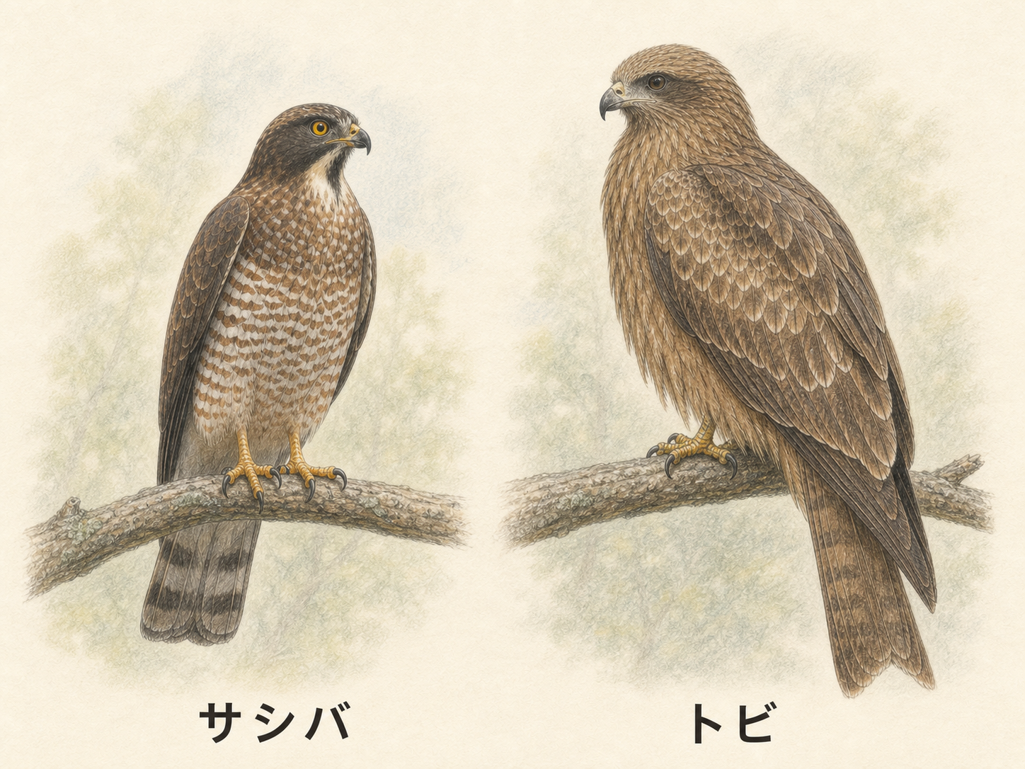 サシバとトビの大きさ・顔・胸・尾羽の違いを示すイラスト