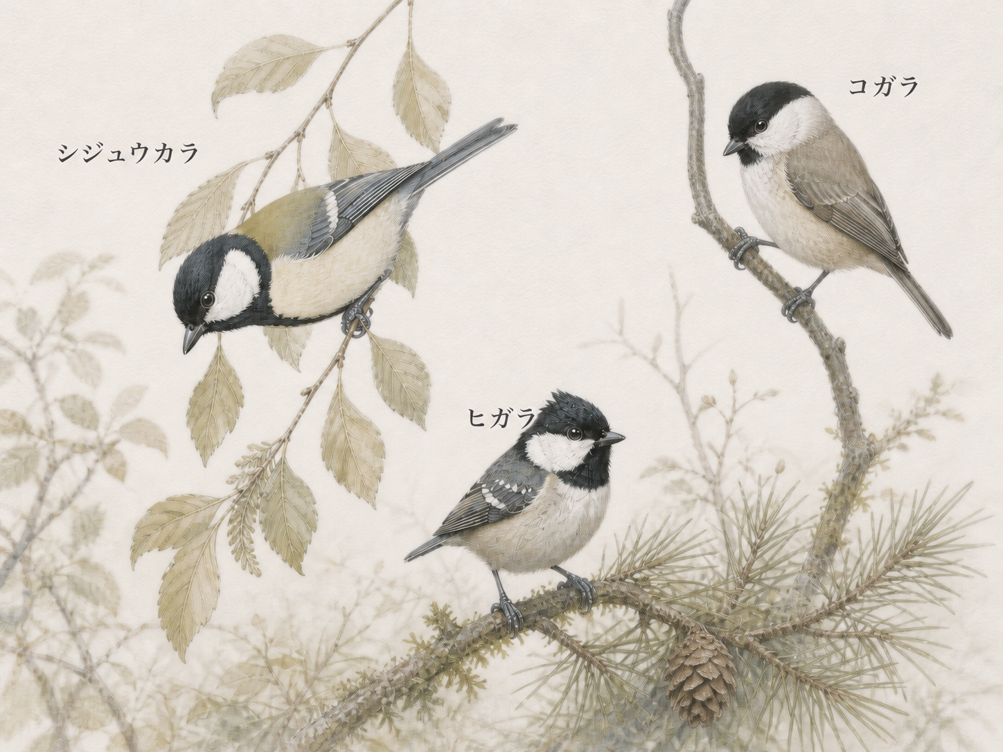 シジュウカラ、ヒガラ、コガラの名前を各個体の近くに記した色鉛筆画