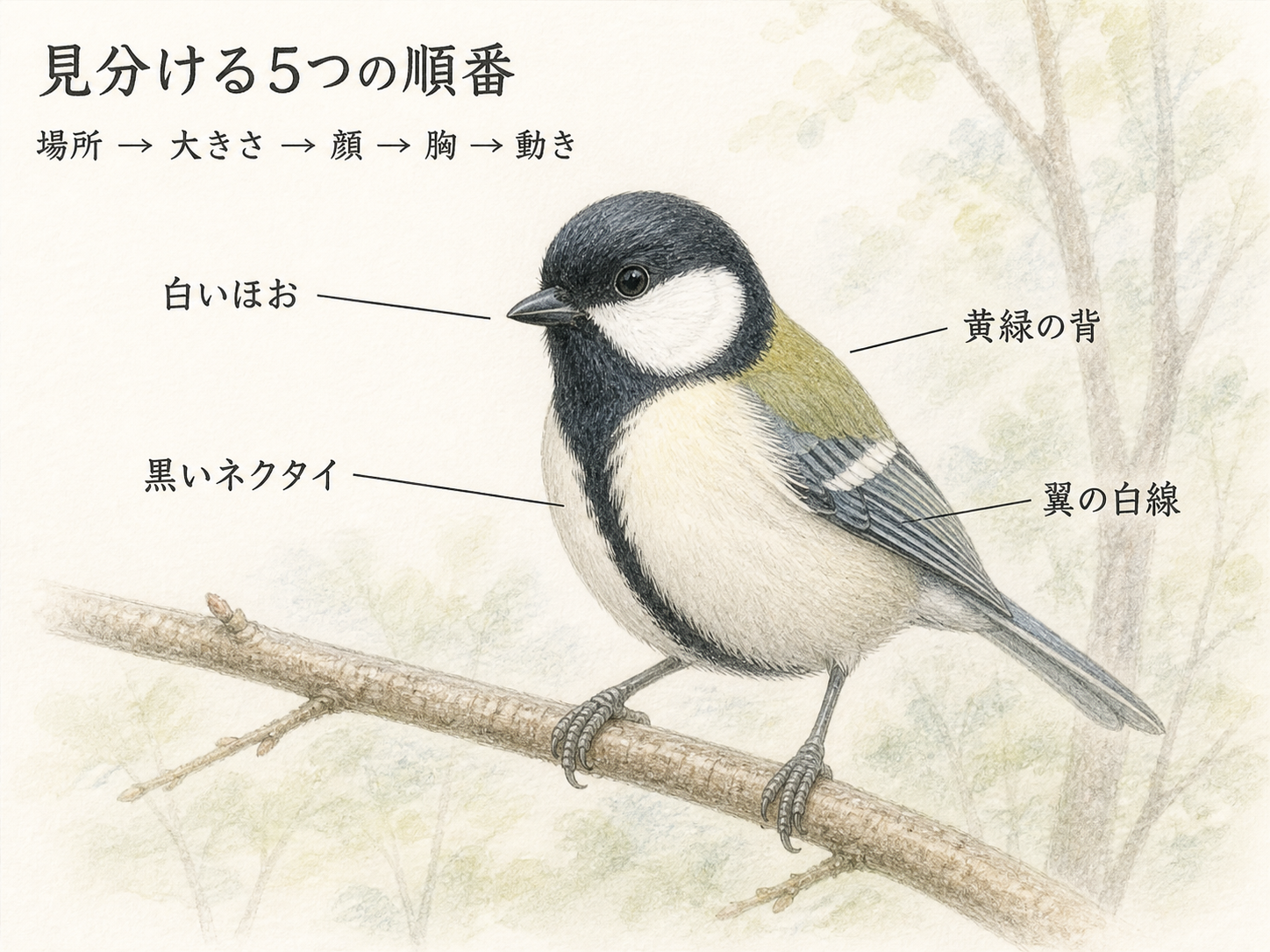 シジュウカラの白い頬・黒いネクタイ・黄緑色の背・翼の白線を示す識別イラスト