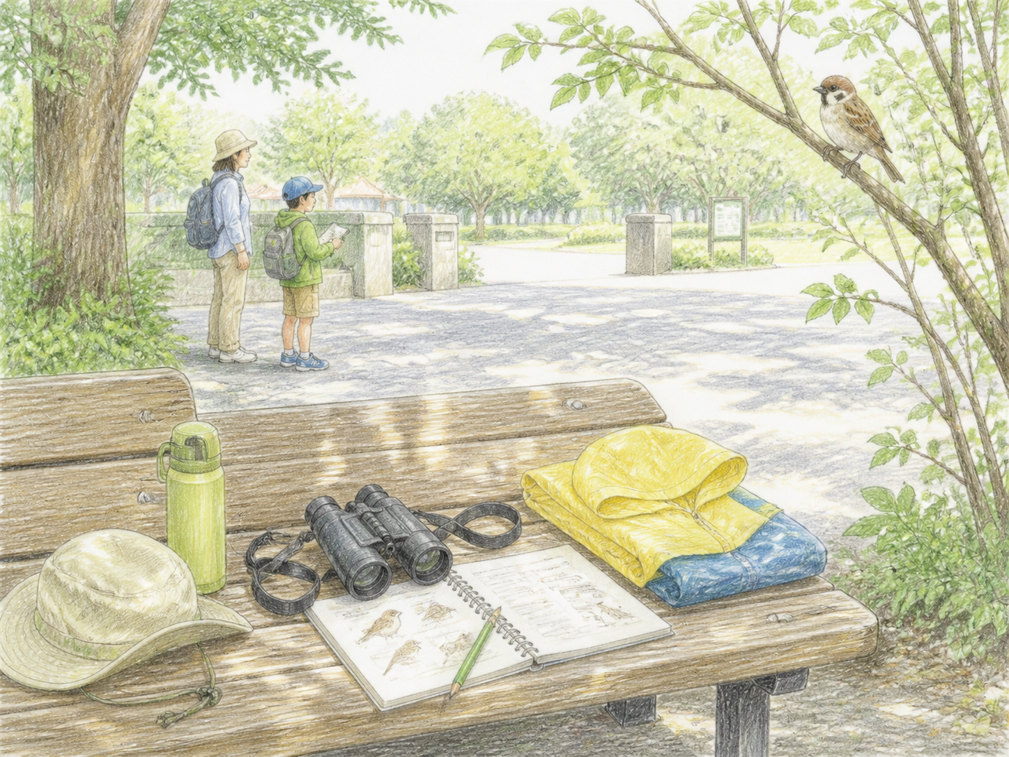 公園のベンチに双眼鏡、観察ノート、帽子、水筒、雨具を用意した色鉛筆画