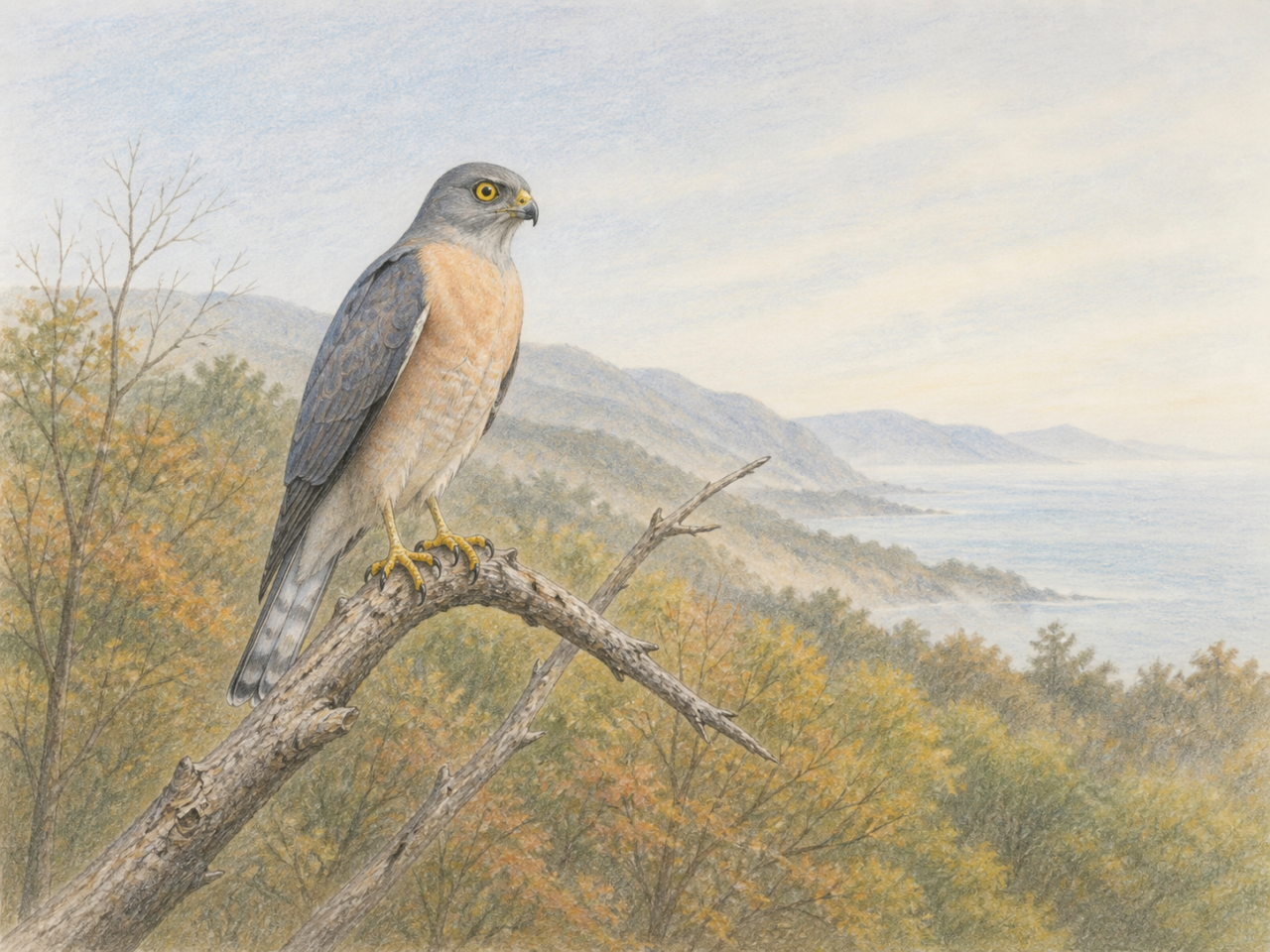 秋の山地の枝に止まるアカハラダカ成鳥の淡い色鉛筆画