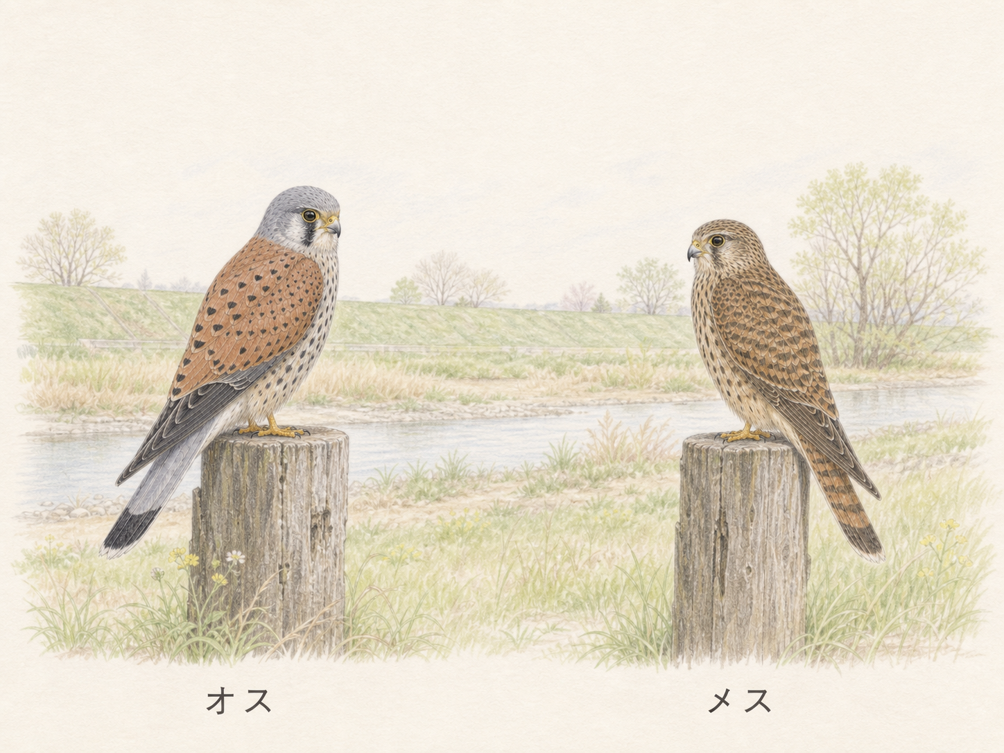 チョウゲンボウのオスとメスの違い｜別々の杭で向き合う成鳥