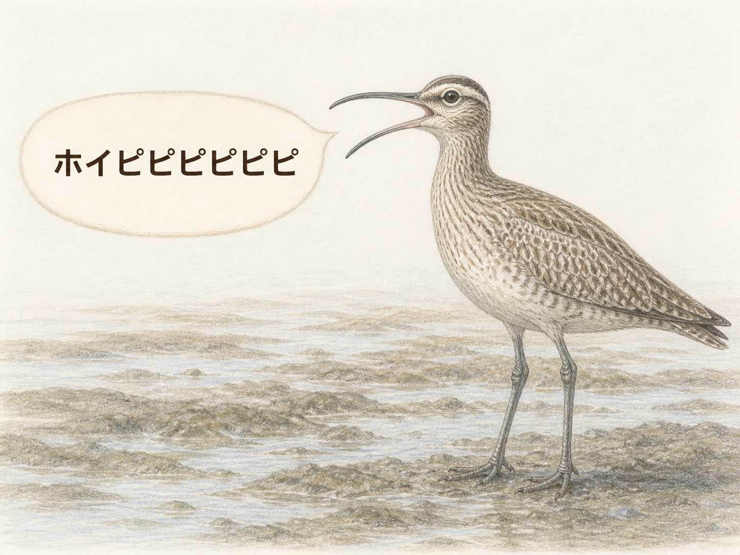 ホイピピピピピピと鳴くチュウシャクシギの文字入りイラスト
