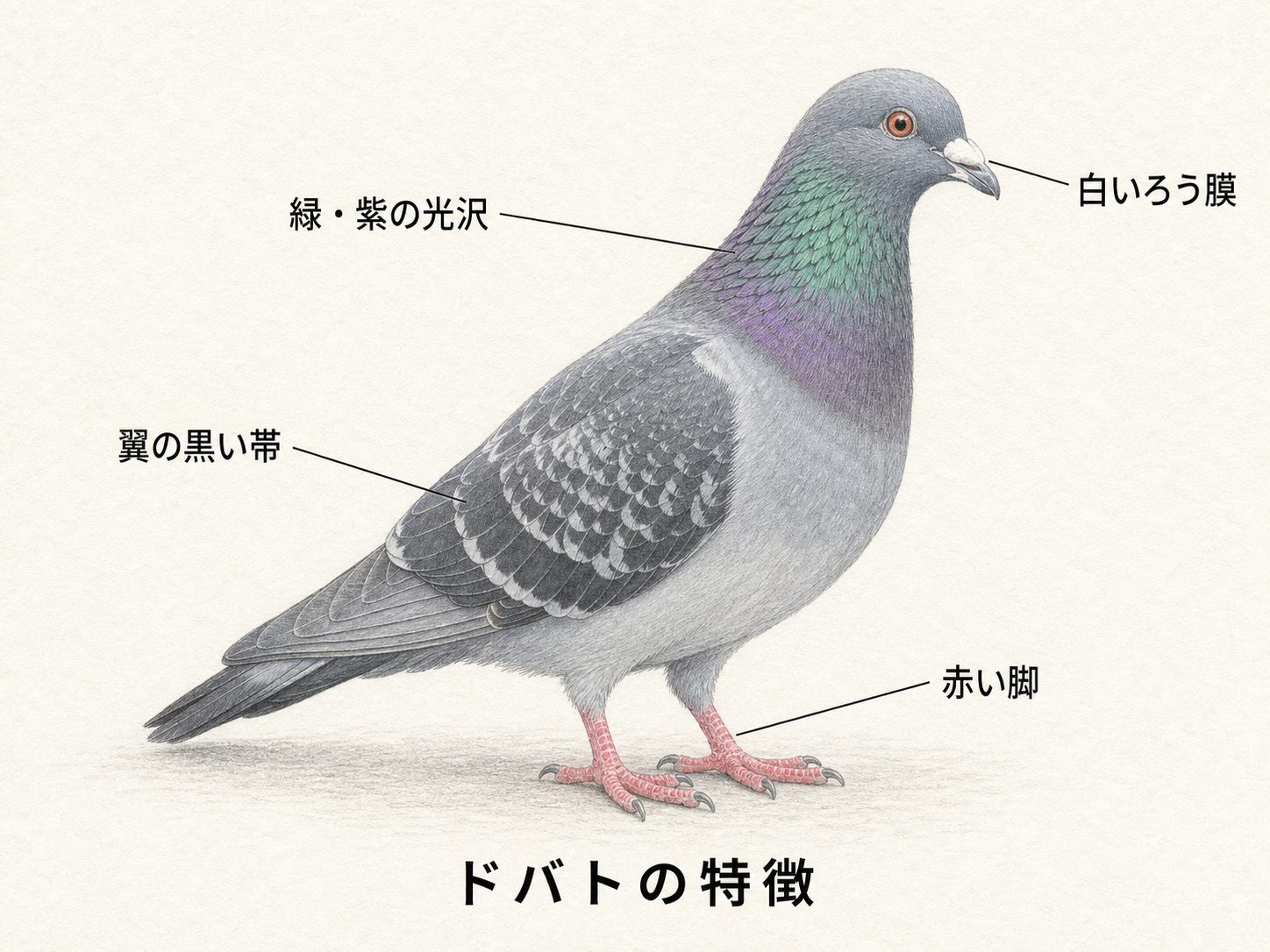 ドバトの白いろう膜、緑と紫の首、翼の黒い帯、赤い脚を示す図