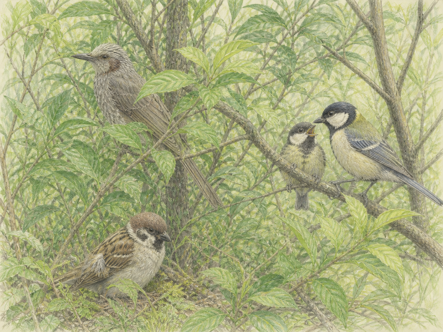 換羽中のスズメとシジュウカラの親子、葉陰のヒヨドリを描いた淡い色鉛筆画