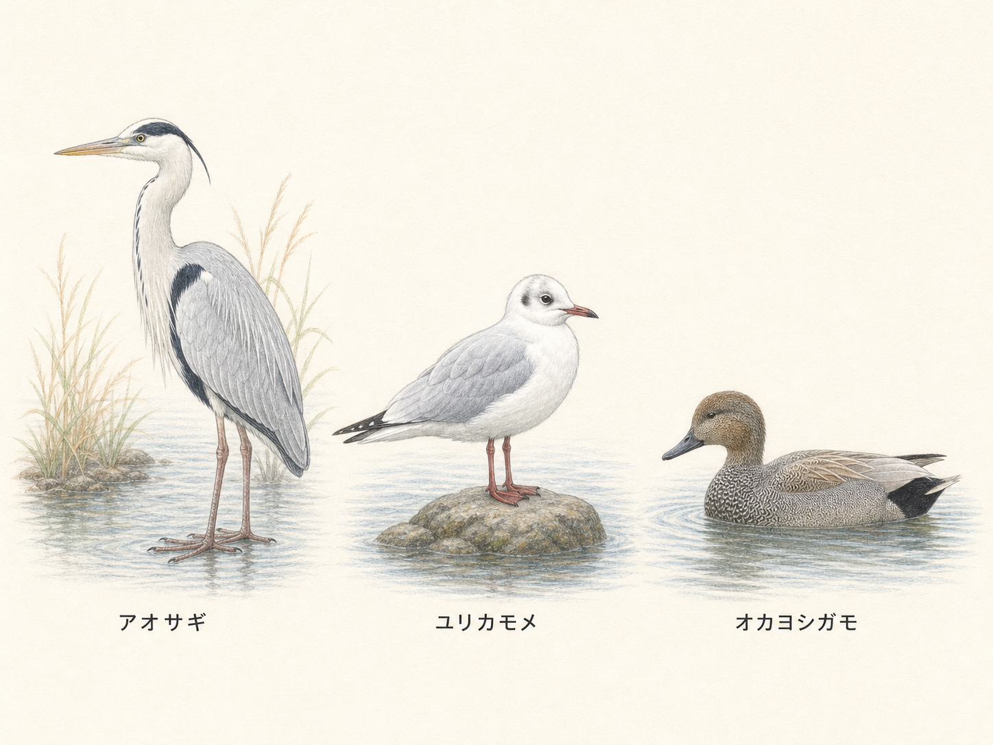 水辺・海で見られる灰色の鳥 アオサギ・ユリカモメ・オカヨシガモの色鉛筆画