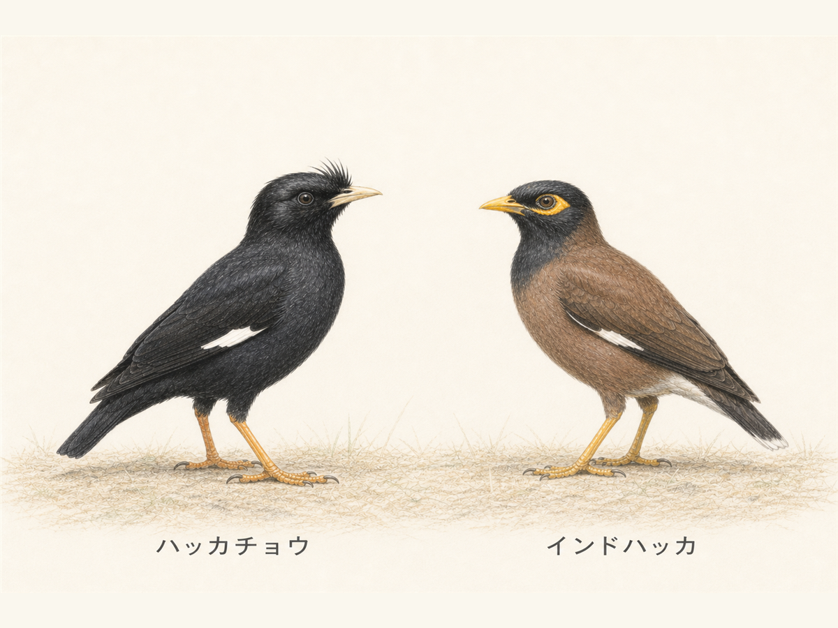 ムクドリに似た黒い鳥のハッカチョウとインドハッカの比較イラスト