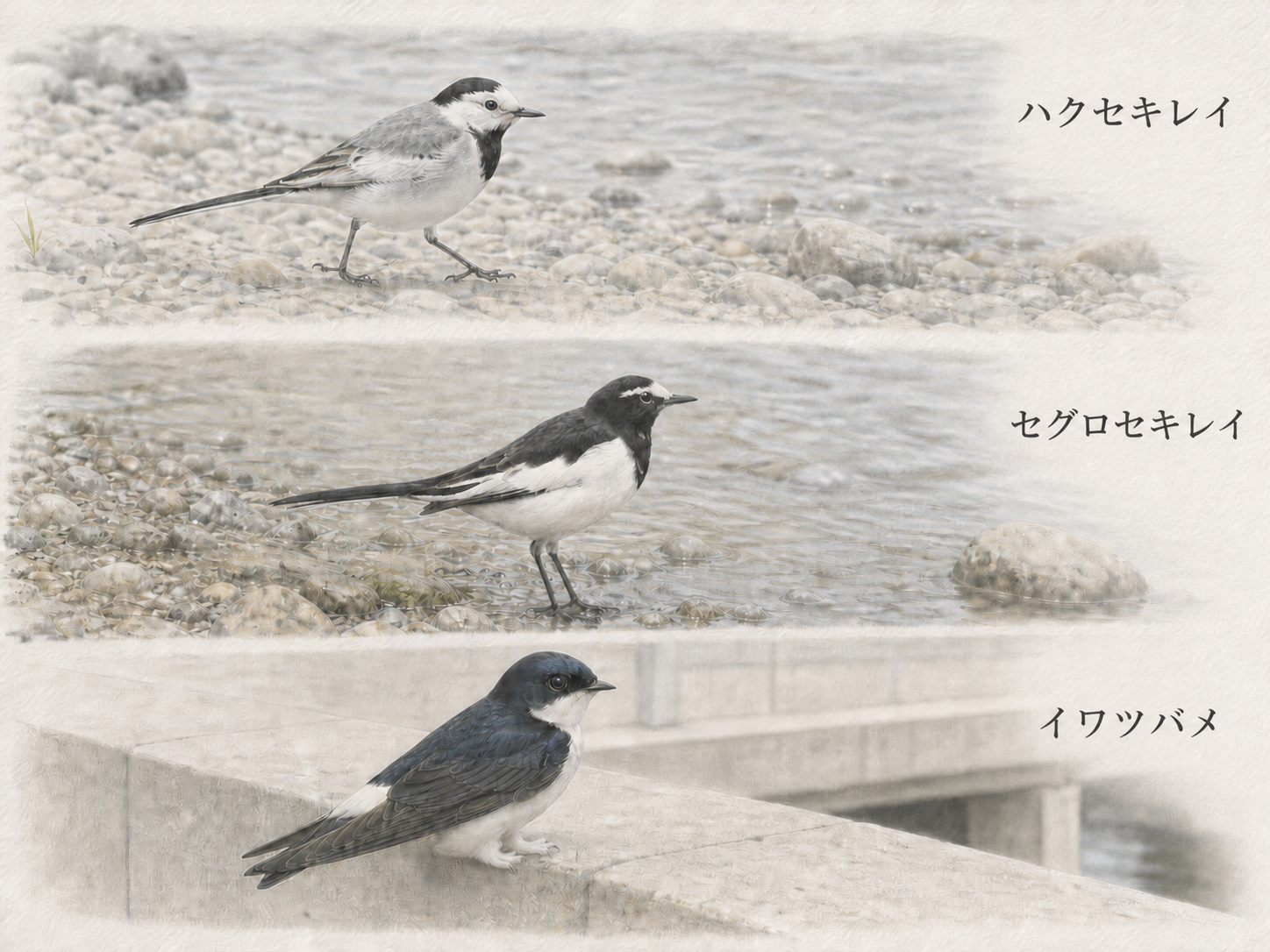 ハクセキレイ、セグロセキレイ、イワツバメの名前を各個体の近くに記した色鉛筆画