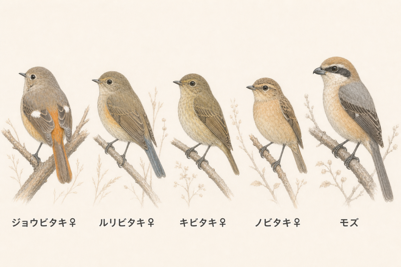 ジョウビタキのメス、ルリビタキのメス、キビタキのメス、ノビタキのメス、モズの比較イラスト