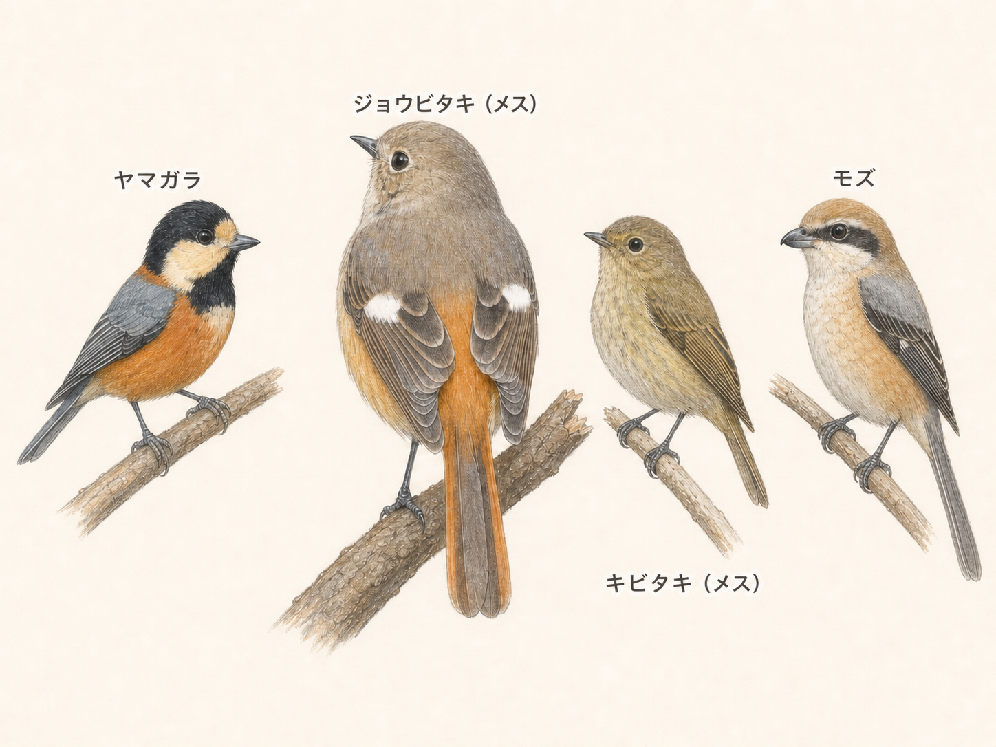 ジョウビタキのメス、ヤマガラ、キビタキのメス、モズの名前を各個体の近くに記した比較イラスト