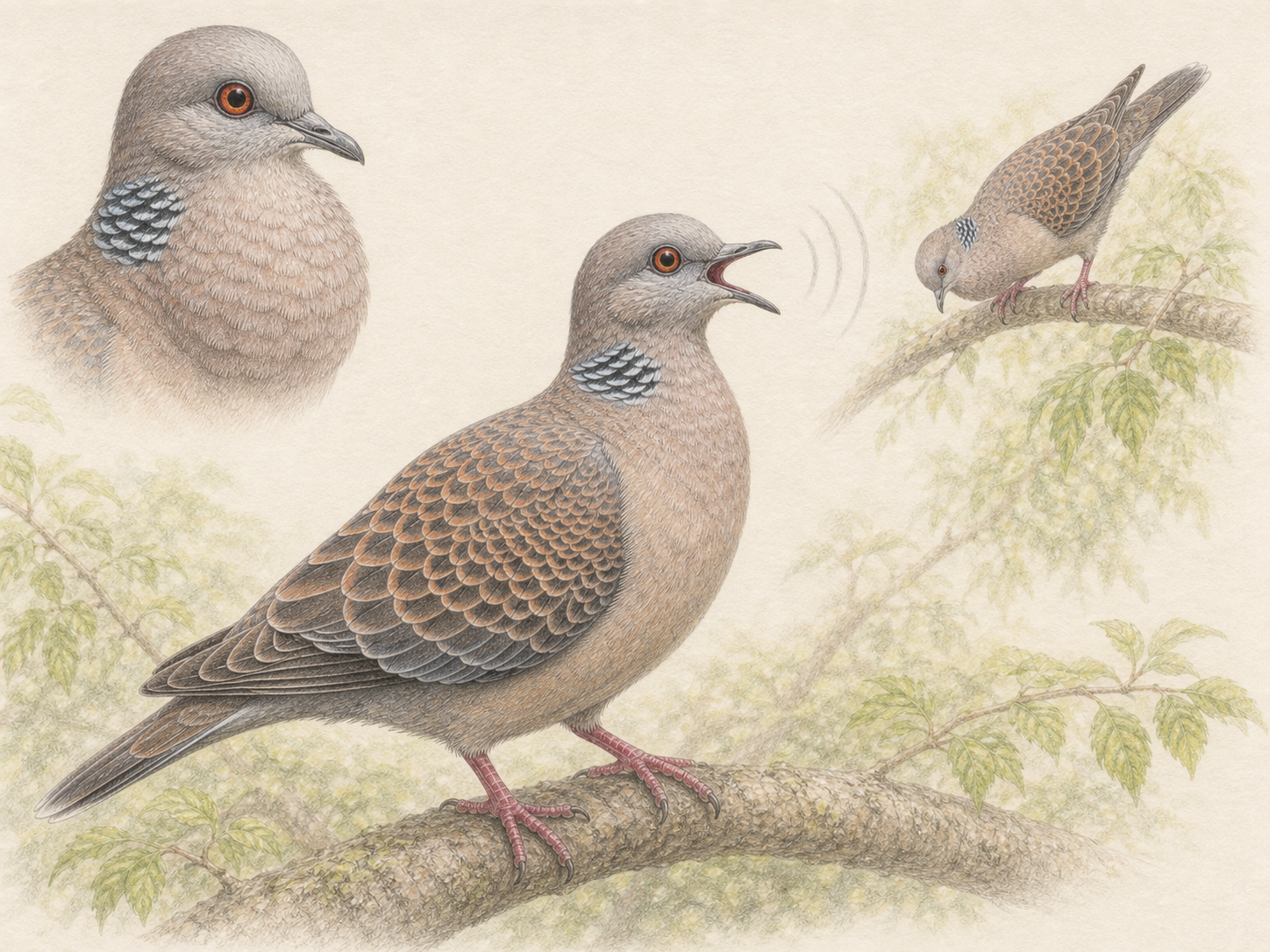 キジバトの鳴き声の種類と求愛行動を描いた色鉛筆イラスト