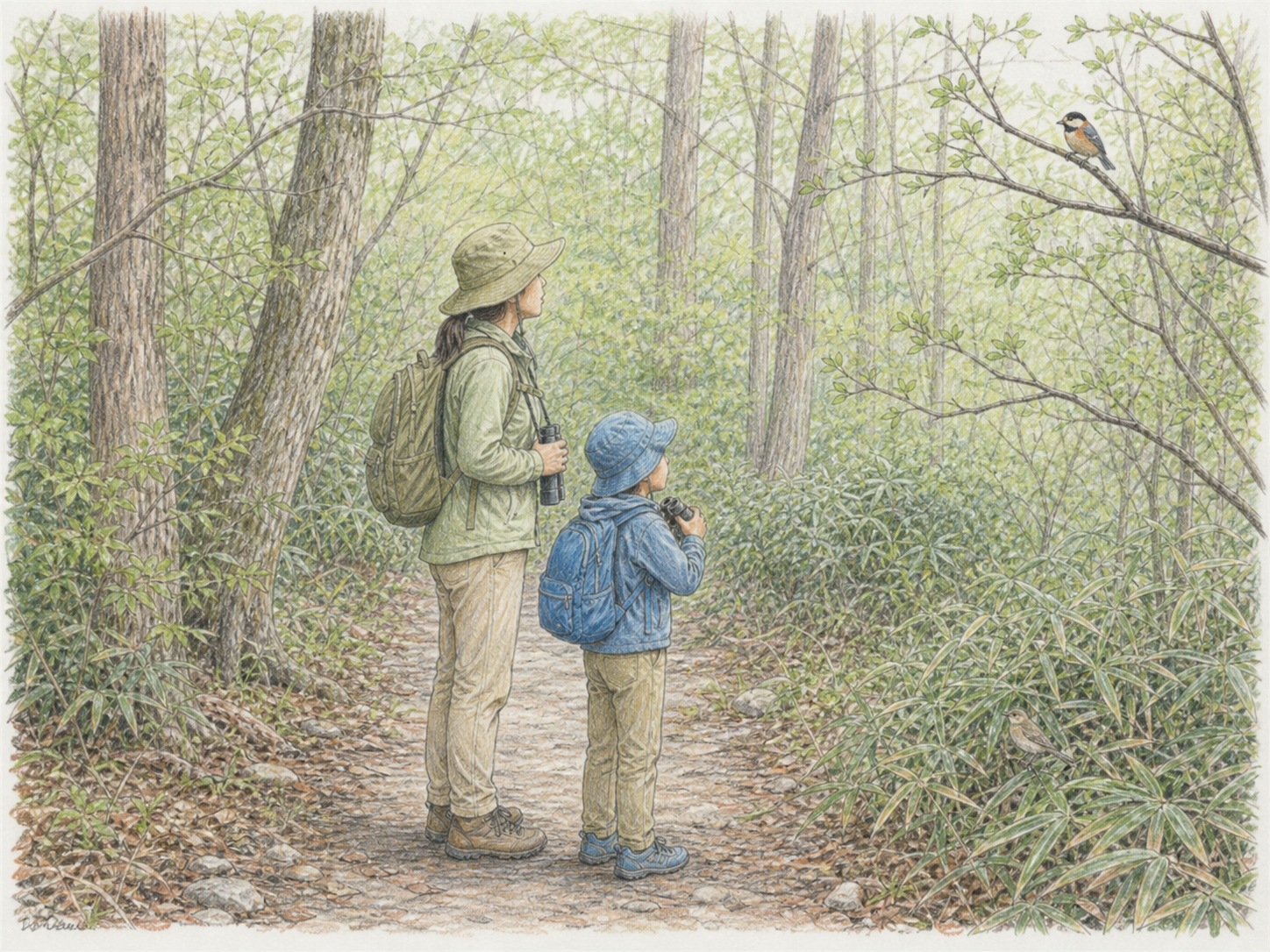 整備された山道から親子が林床、藪、木の幹、枝先の鳥を探す図鑑風イラスト