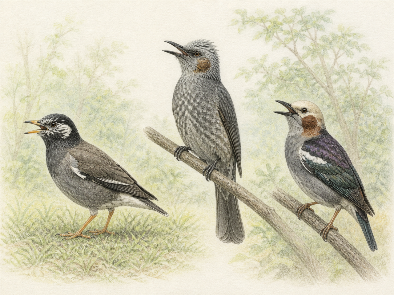 ムクドリ、ヒヨドリ、コムクドリの姿と鳴き方を比較した淡い色鉛筆画
