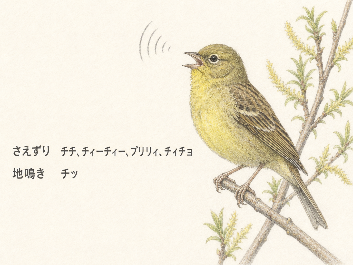 枝でさえずるノジコと、さえずりと地鳴きを日本語で示した鳴き声図