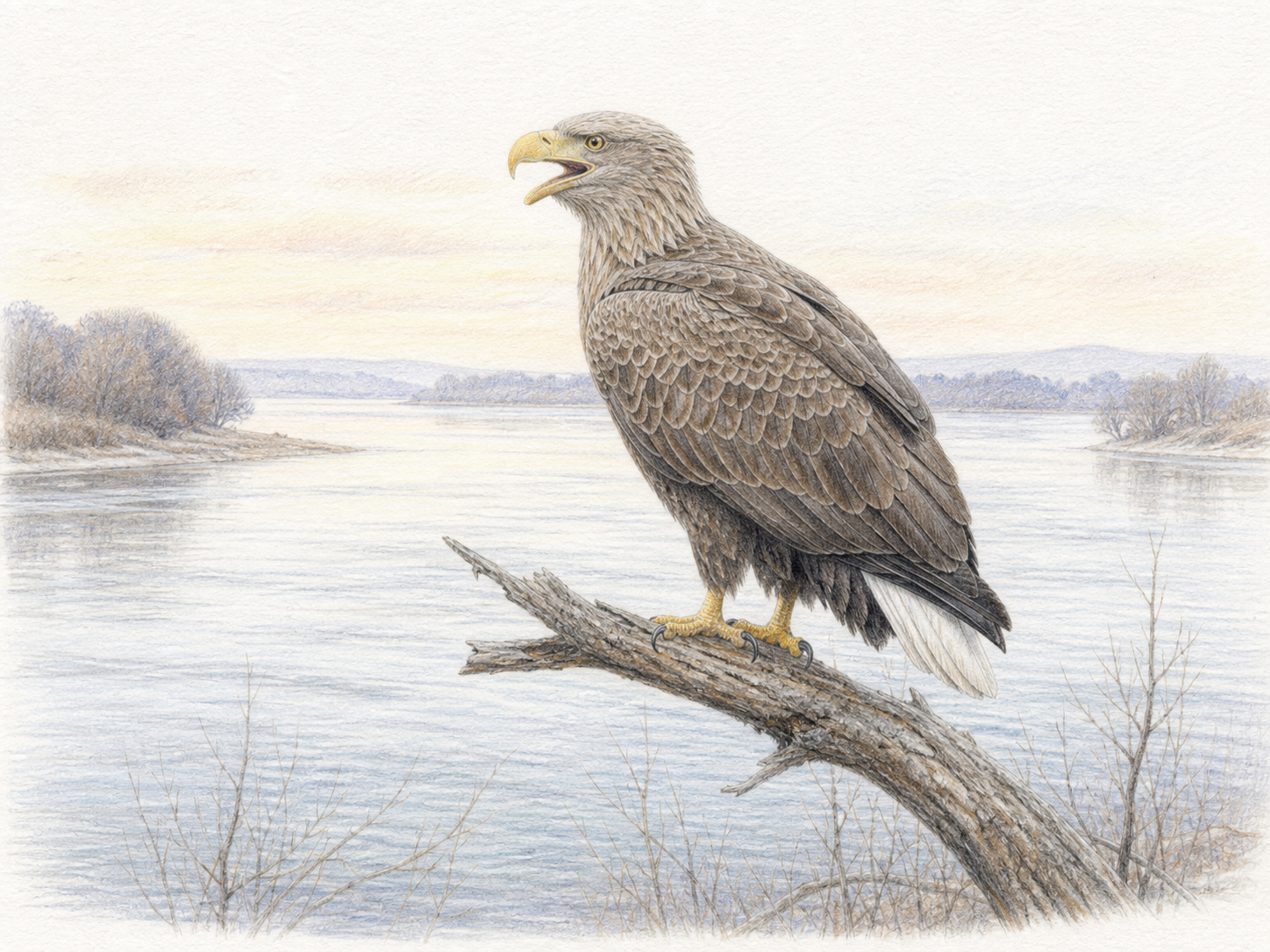 水辺の枯れ木にとまり口を開けて鳴くオジロワシの淡い色鉛筆画