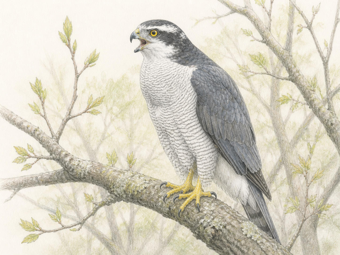 オオタカの鳴き声|春の林で枝に止まり鳴く成鳥の色鉛筆画