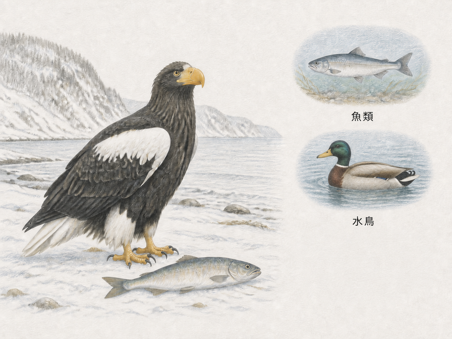 雪の岸辺に立つオオワシと、魚類・オスのマガモを日本語ラベルで示した淡い色鉛筆画