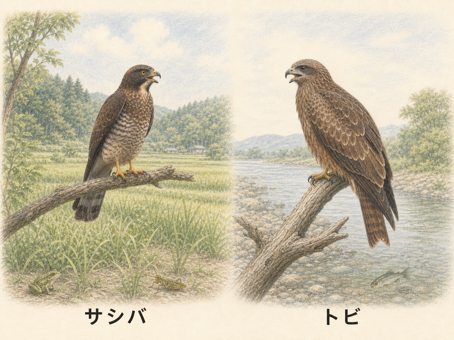 鳴いているサシバとトビ、食べ物の違いを示す色鉛筆イラスト