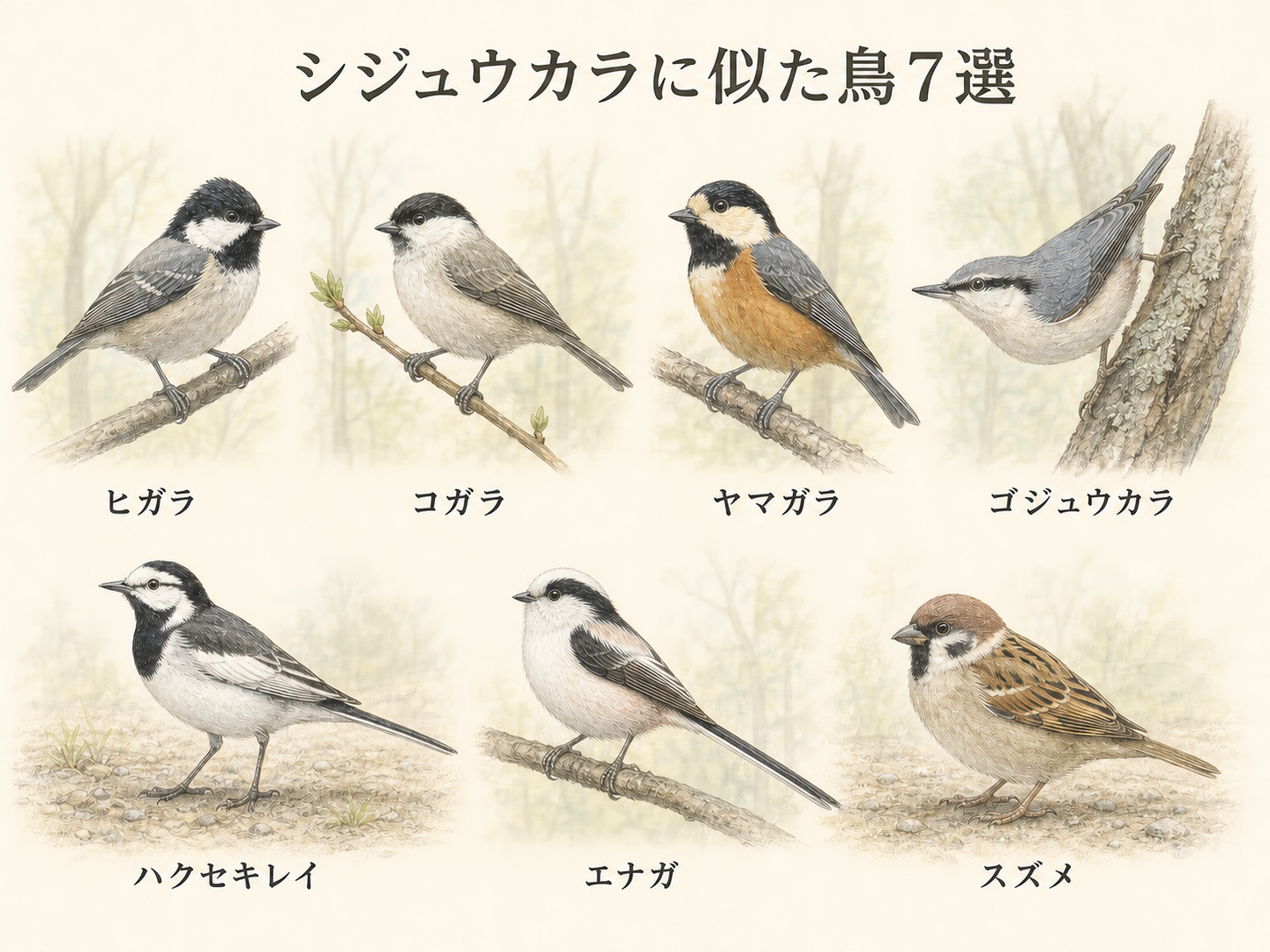 ヒガラ・コガラ・ヤマガラ・ゴジュウカラ・ハクセキレイ・エナガ・スズメの比較イラスト