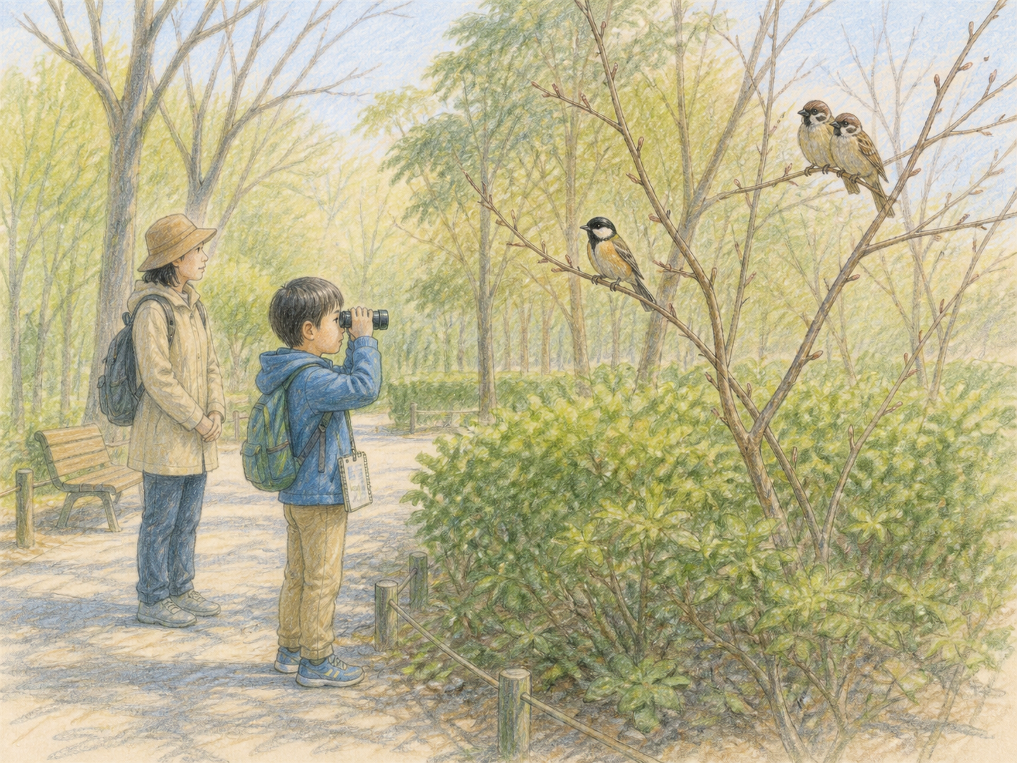 公園の遊歩道から親子がスズメとヤマガラを肉眼と双眼鏡で観察する図鑑風イラスト