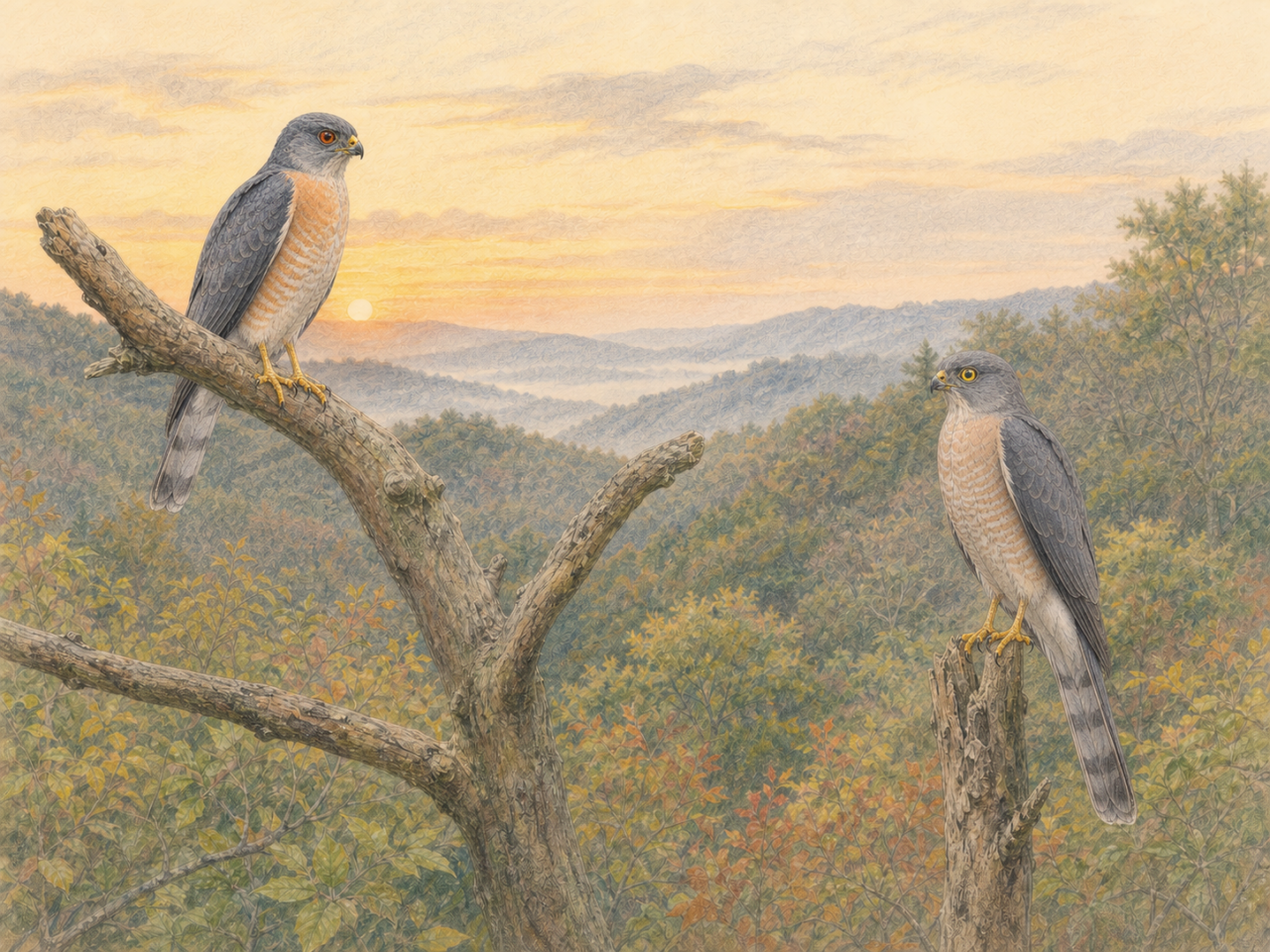 秋の渡り前に枝で休むアカハラダカ成鳥のオスとメスの淡い色鉛筆画