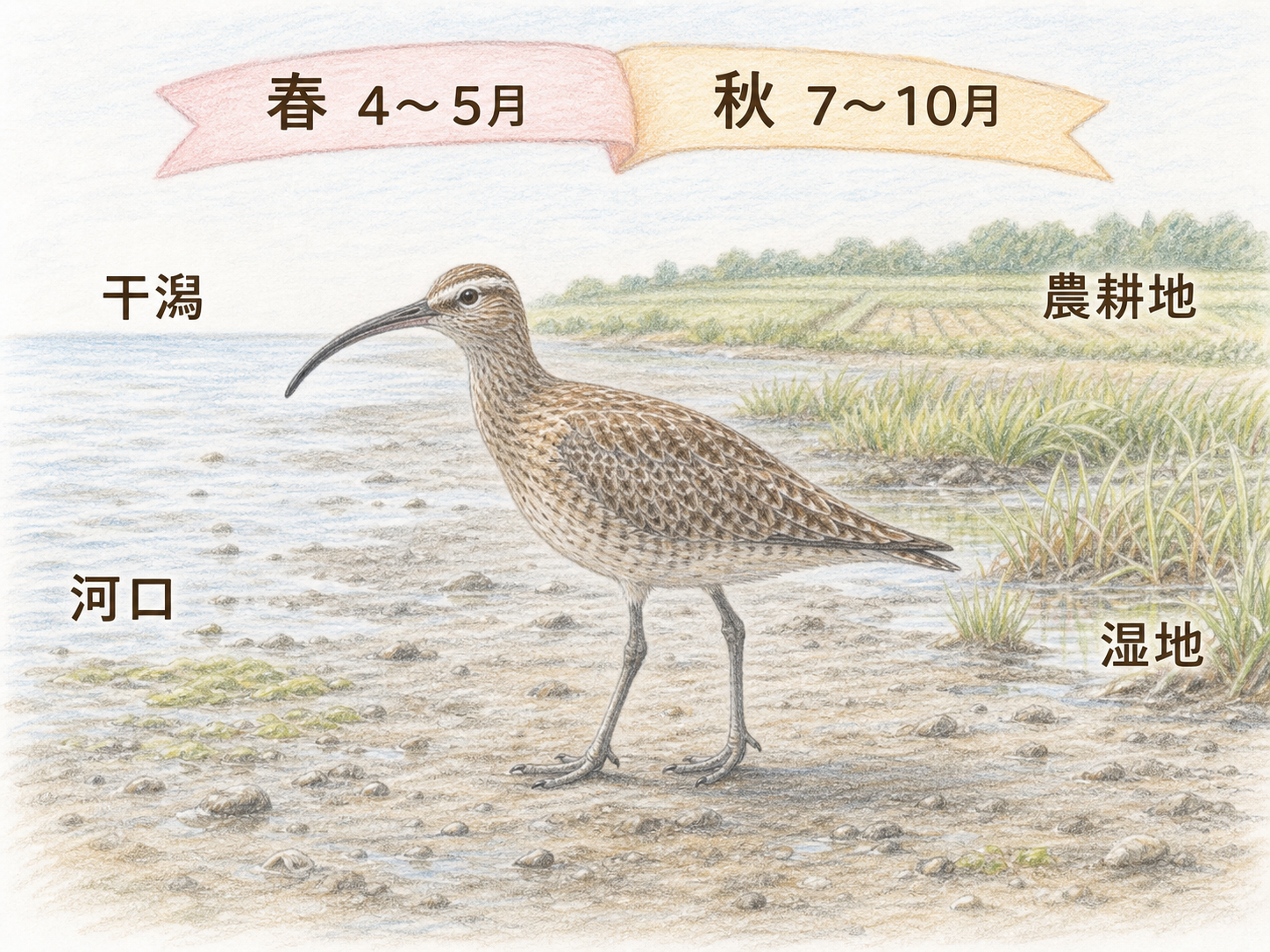 チュウシャクシギを春4〜5月・秋7〜10月に干潟・河口・湿地・農耕地で観察できることを示すイラスト