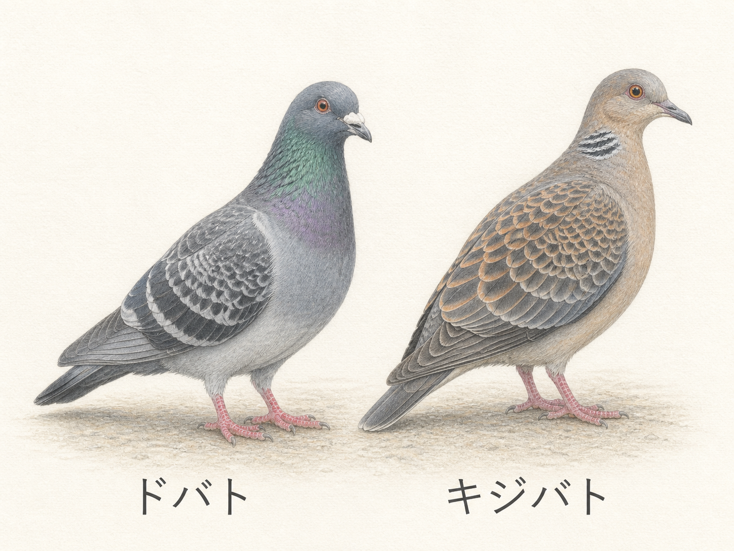灰色のドバトと茶色いうろこ模様のキジバトを並べた比較図