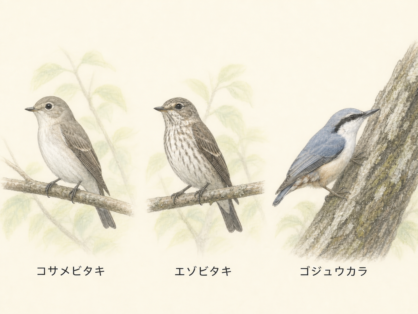 山・草地で見られる灰色の鳥 コサメビタキ・エゾビタキ・ゴジュウカラの色鉛筆画 ゴジュウカラは前3本・後ろ1本の足指