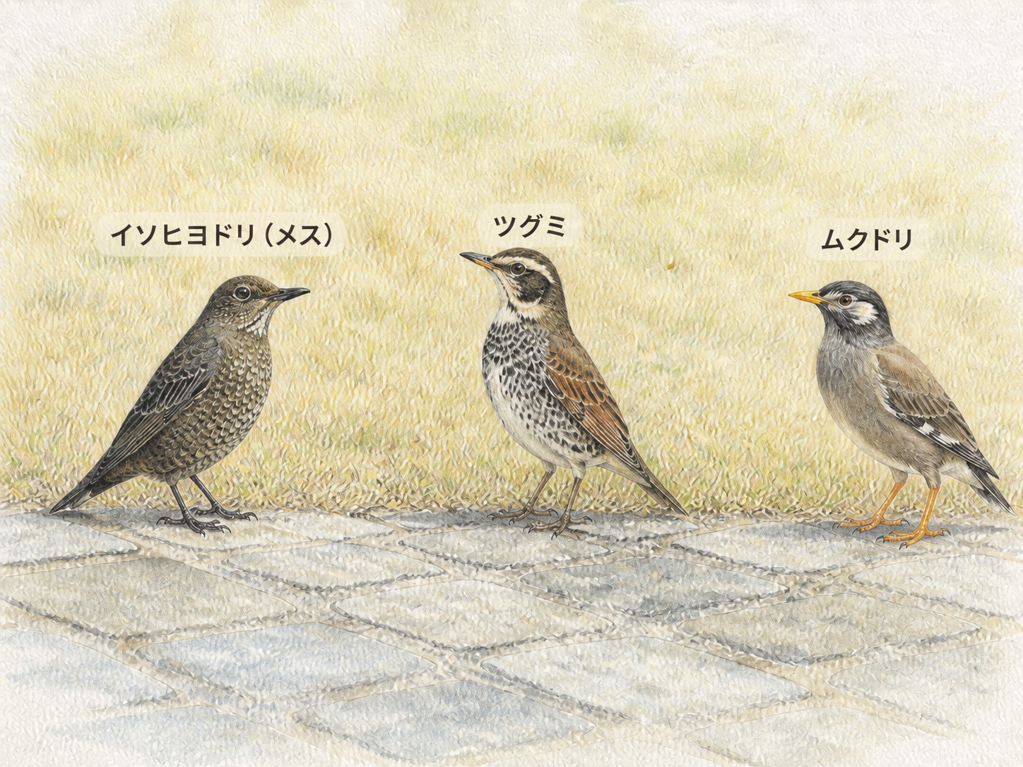名前付きで比較したイソヒヨドリのメスとツグミとムクドリ