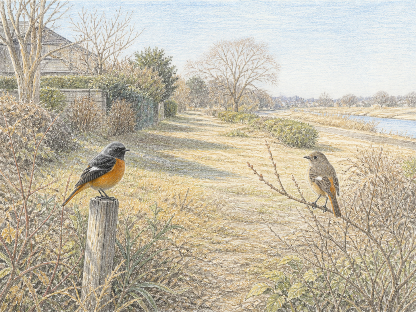 日本の公園や住宅地や河川敷で見られるジョウビタキの生息環境イラスト