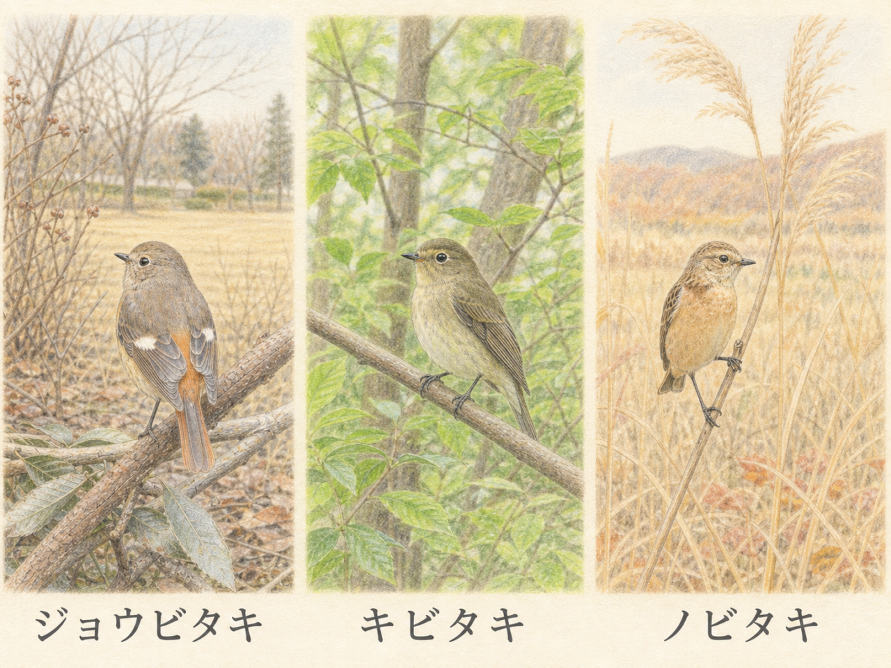 ジョウビタキ、キビタキ、ノビタキを季節と生息環境で見分けるイラスト