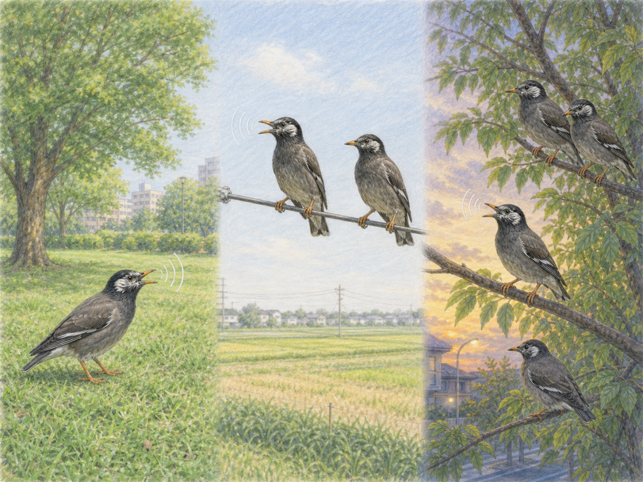 公園の芝生、電線、街路樹で鳴くムクドリを描いた淡い色鉛筆画