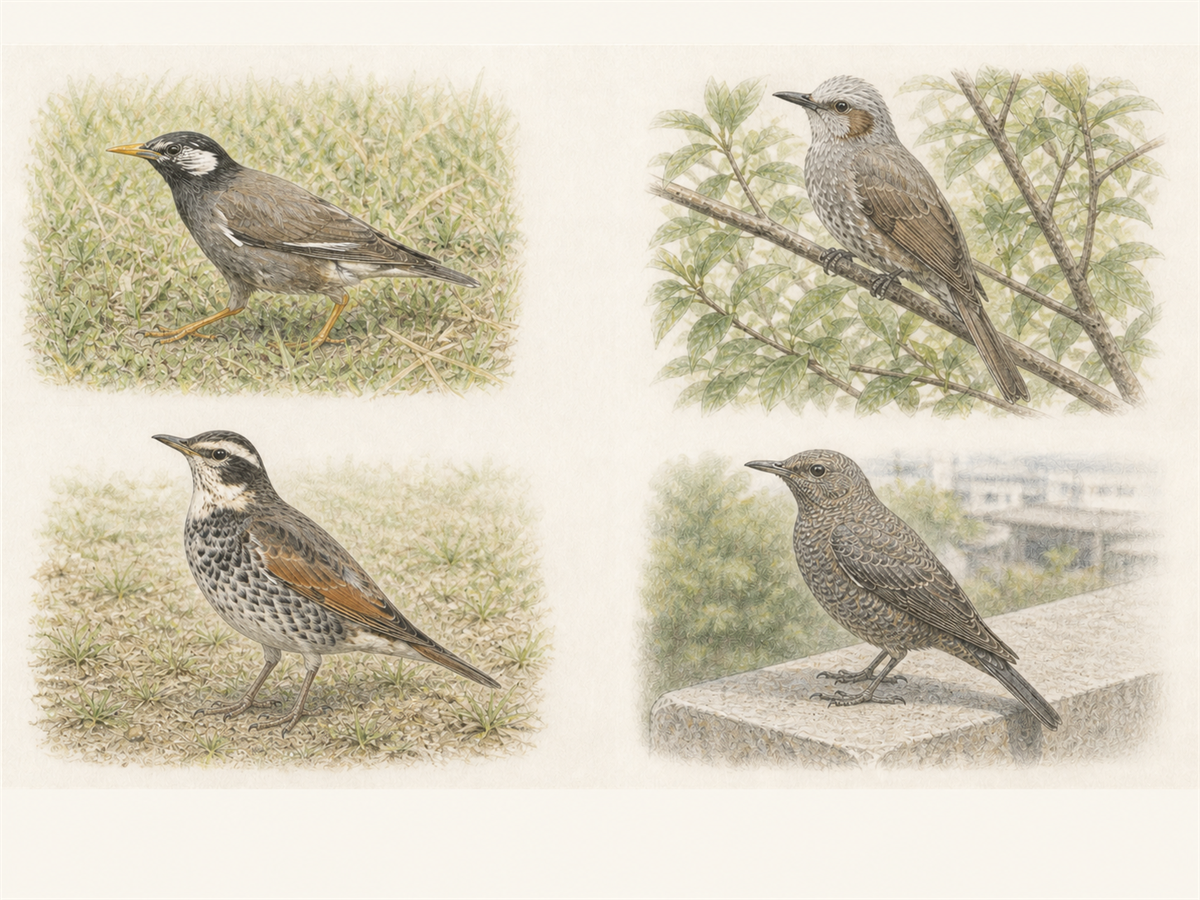 ムクドリに似た鳥を場所と動きから見分ける淡い色鉛筆イラスト