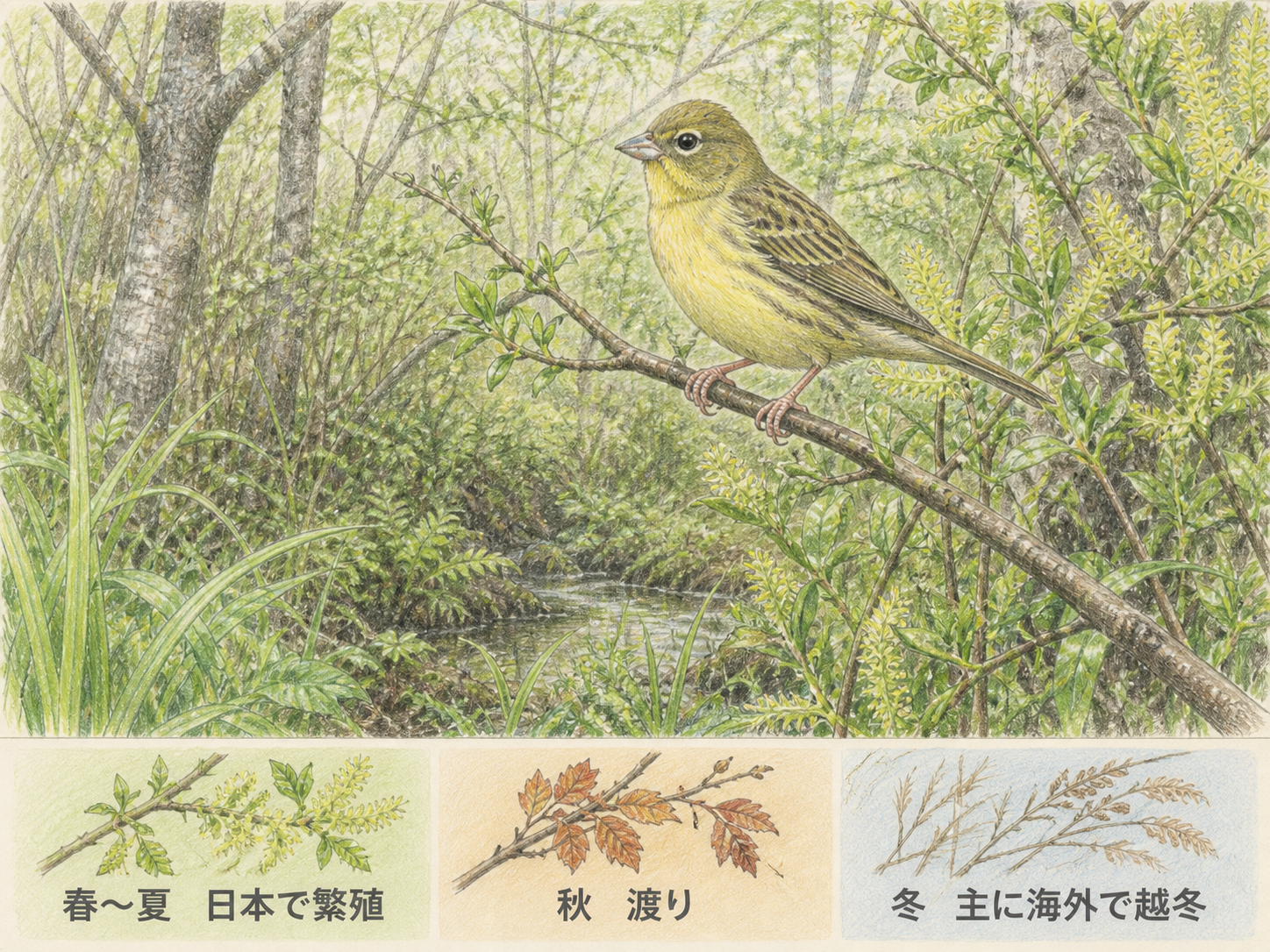 春から夏の湿った林縁にとまるノジコと、日本で見られる季節を示すイラスト