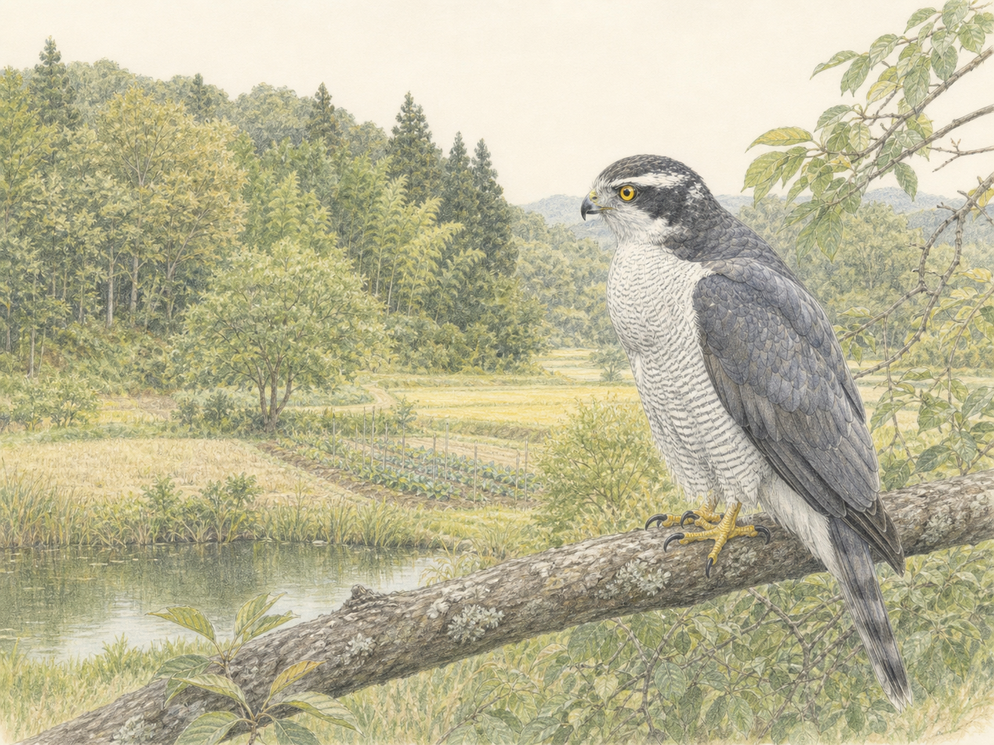 オオタカの生息地|樹林・農地・草地・池がつながる日本の里山の色鉛筆画
