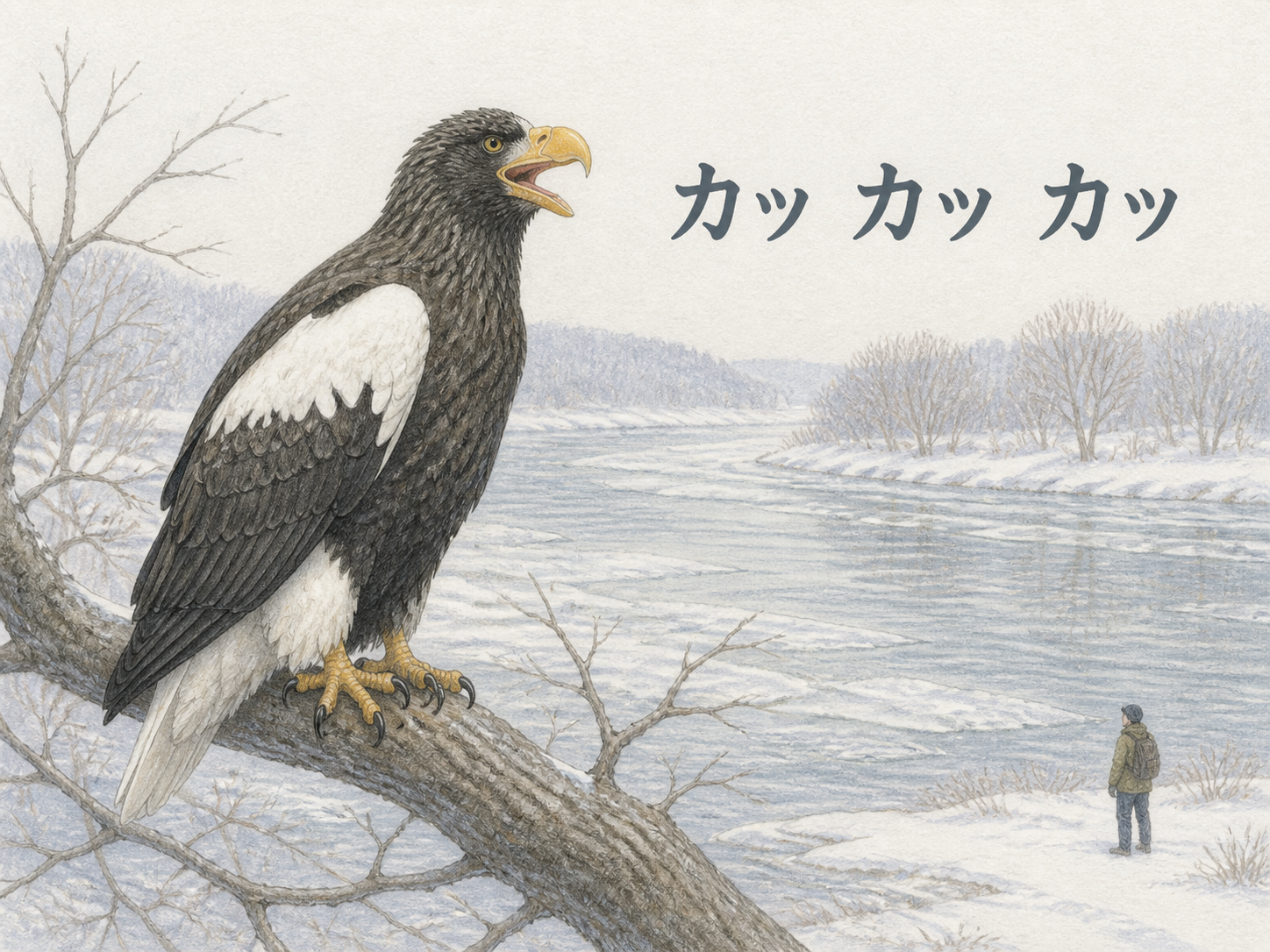 枯れ木にとまり口を開けたオオワシと鳴き声のカッカッカッを日本語で示す淡い色鉛筆画