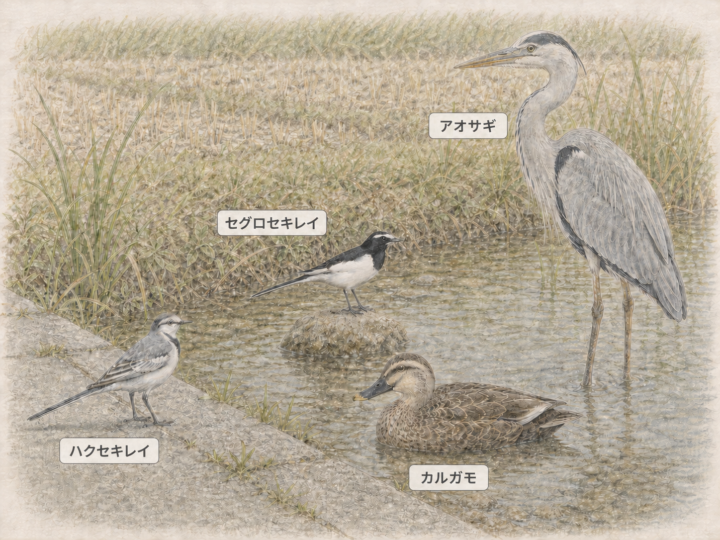 道路・田んぼ・水辺で見かける鳥|ハクセキレイ・セグロセキレイ・カルガモ・アオサギ
