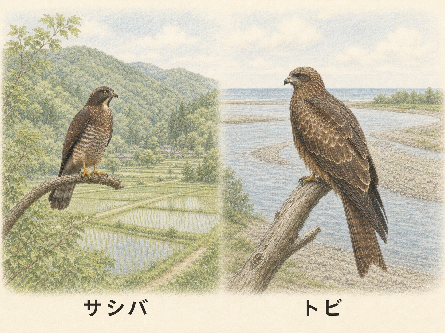 サシバの里山とトビの河川・海岸の生息環境を比べたイラスト