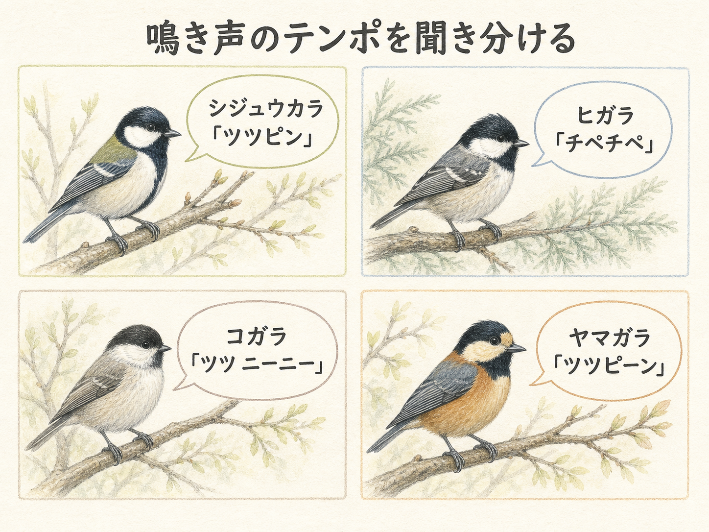 シジュウカラ・ヒガラ・コガラ・ヤマガラの鳴き声とテンポを文字で比較したイラスト