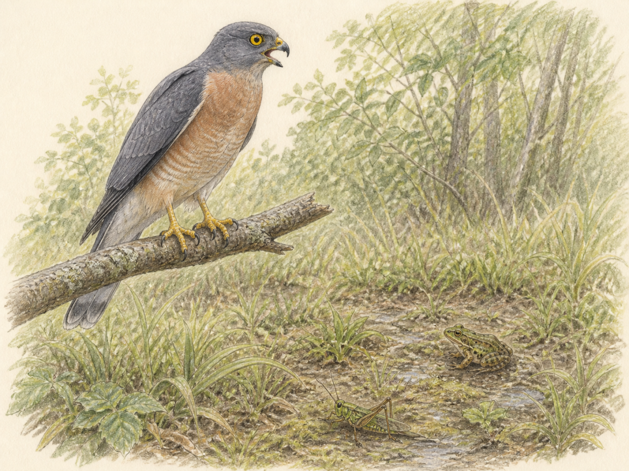 林縁で鳴くアカハラダカとカエルや昆虫の淡い色鉛筆画