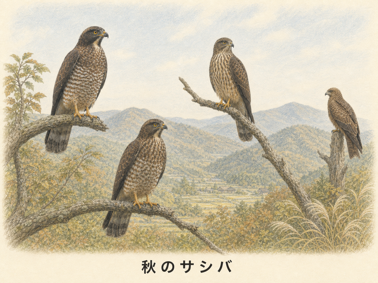 秋の渡り前に尾根の枝で休むサシバの群れを描いた色鉛筆イラスト